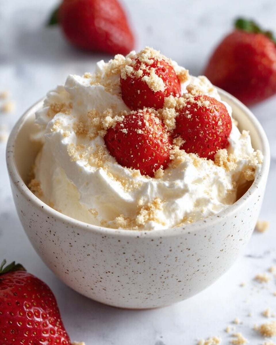 A white speckled bowl filled with a thick layer of white whipped cream, topped with light tan crumbled pieces. On the very top, three bright red strawberries with a shiny texture sit close together. The bowl is placed on a white marbled surface with blurred strawberries in the background. photo taken with an iphone --ar 4:5 --v 7