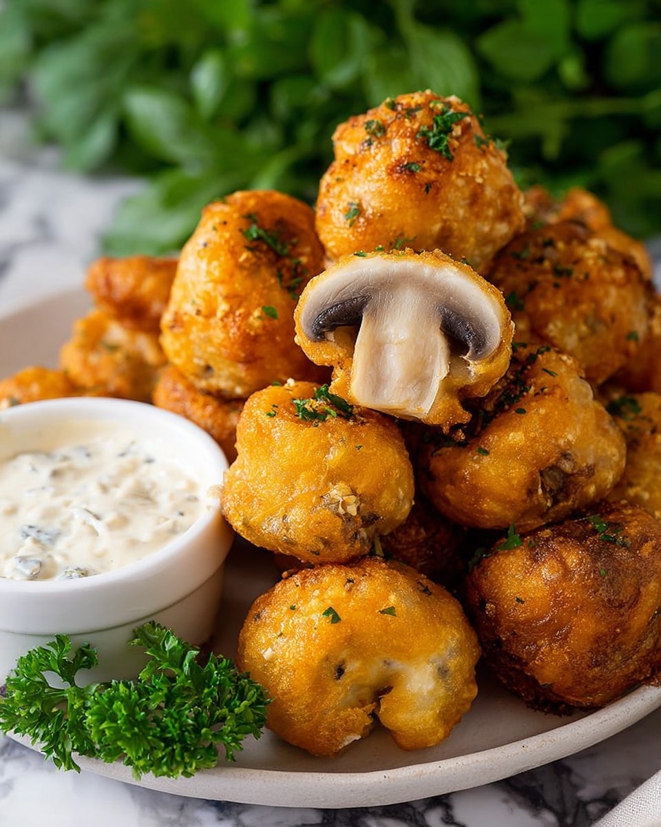 A close-up of a white plate filled with golden brown, crispy battered mushrooms stacked in a loose pile. The mushrooms are covered in a light, crunchy batter with small green parsley sprinkles on top. One mushroom is cut in half and positioned on top, showing a smooth, beige mushroom cap inside surrounded by the golden batter. To the side of the plate is a small white bowl filled with creamy white dipping sauce with visible herbs, and a few fresh green parsley sprigs are placed near it. The plate rests on a white marbled surface with a blurred green leafy plant background. photo taken with an iphone --ar 4:5 --v 7