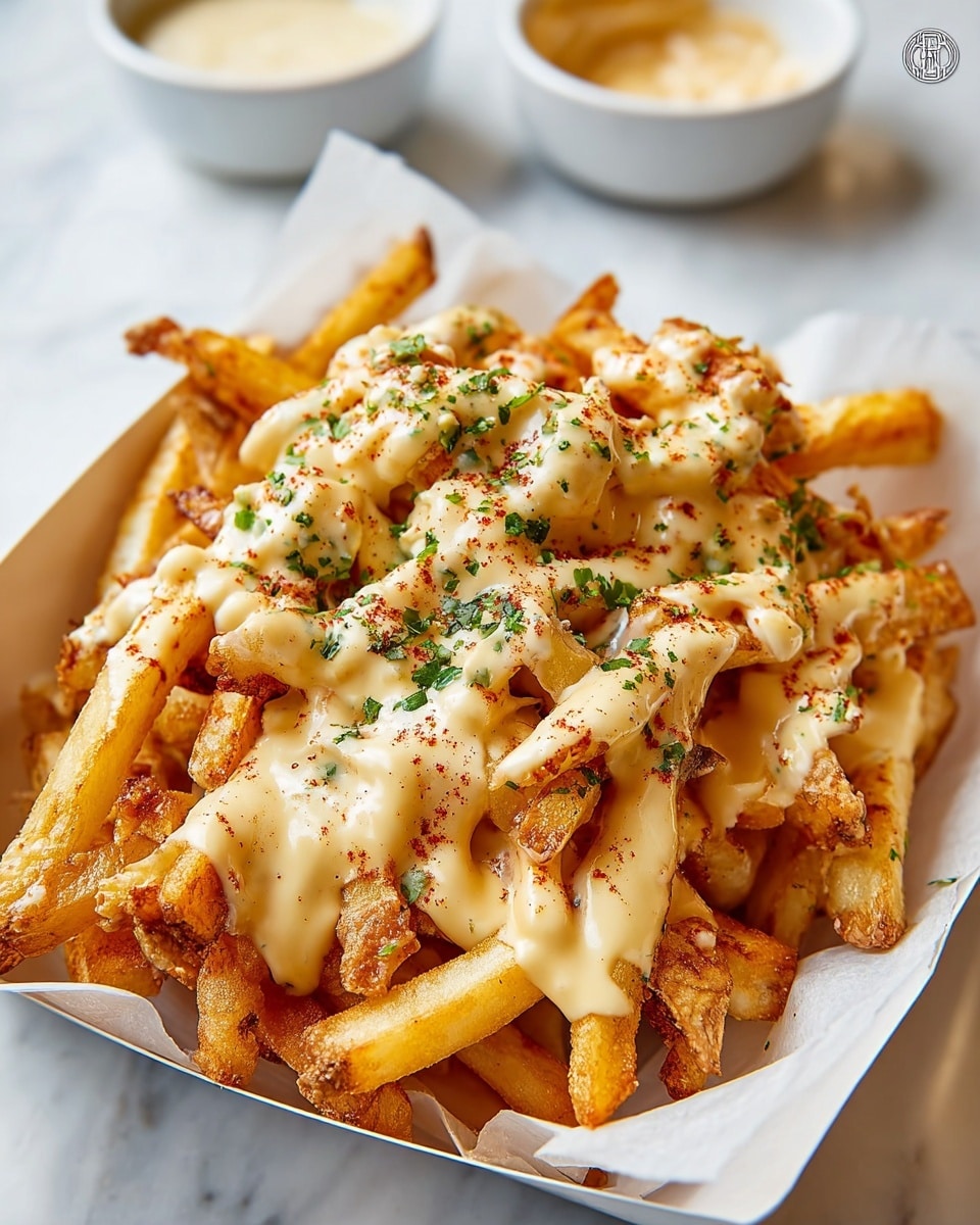 A white box lined with parchment paper holds a large pile of golden, crispy french fries. The fries are covered in a thick, creamy light yellow cheese sauce that drapes over them in uneven layers. Small green herb pieces are sprinkled all over the top along with a light dusting of reddish seasoning, adding color contrast. The fries underneath the sauce are visibly crunchy with a slightly browned texture. In the background, two white bowls are partially visible, sitting on a white marbled surface. photo taken with an iphone --ar 4:5 --v 7