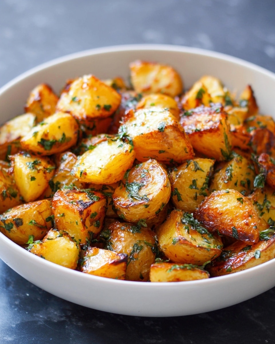 The image shows a white bowl filled with golden-brown roasted potato pieces, each cut into medium-sized chunks. The potatoes have a crispy outer texture with some darker caramelized edges and are mixed with small pieces of green herbs scattered evenly on top. The bowl sits on a white marbled surface that adds a clean, elegant feel to the scene. The warm colors of the potatoes contrast nicely with the green herbs, making the dish look fresh and appetizing. Photo taken with an iphone --ar 4:5 --v 7