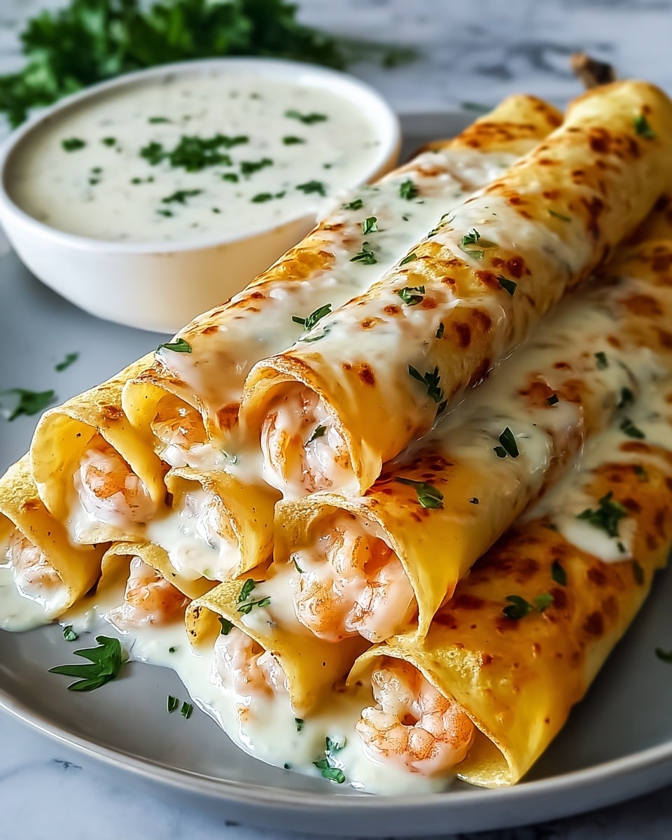 The image shows seven rolled golden-yellow crepes filled with shrimp and a creamy white sauce, stacked in two layers with four crepes on the bottom and three on the top. The sauce lightly coats the crepes and drips down the sides, with small green parsley leaves scattered on top and around the plate. The crepes have a slightly crispy texture with browning spots, and the shrimp pieces inside add pink and white color visible at the edges. Behind the crepes is a white bowl with more creamy white sauce garnished with a few green herbs. The dish is presented on a white plate over a white marbled surface. photo taken with an iphone --ar 4:5 --v 7