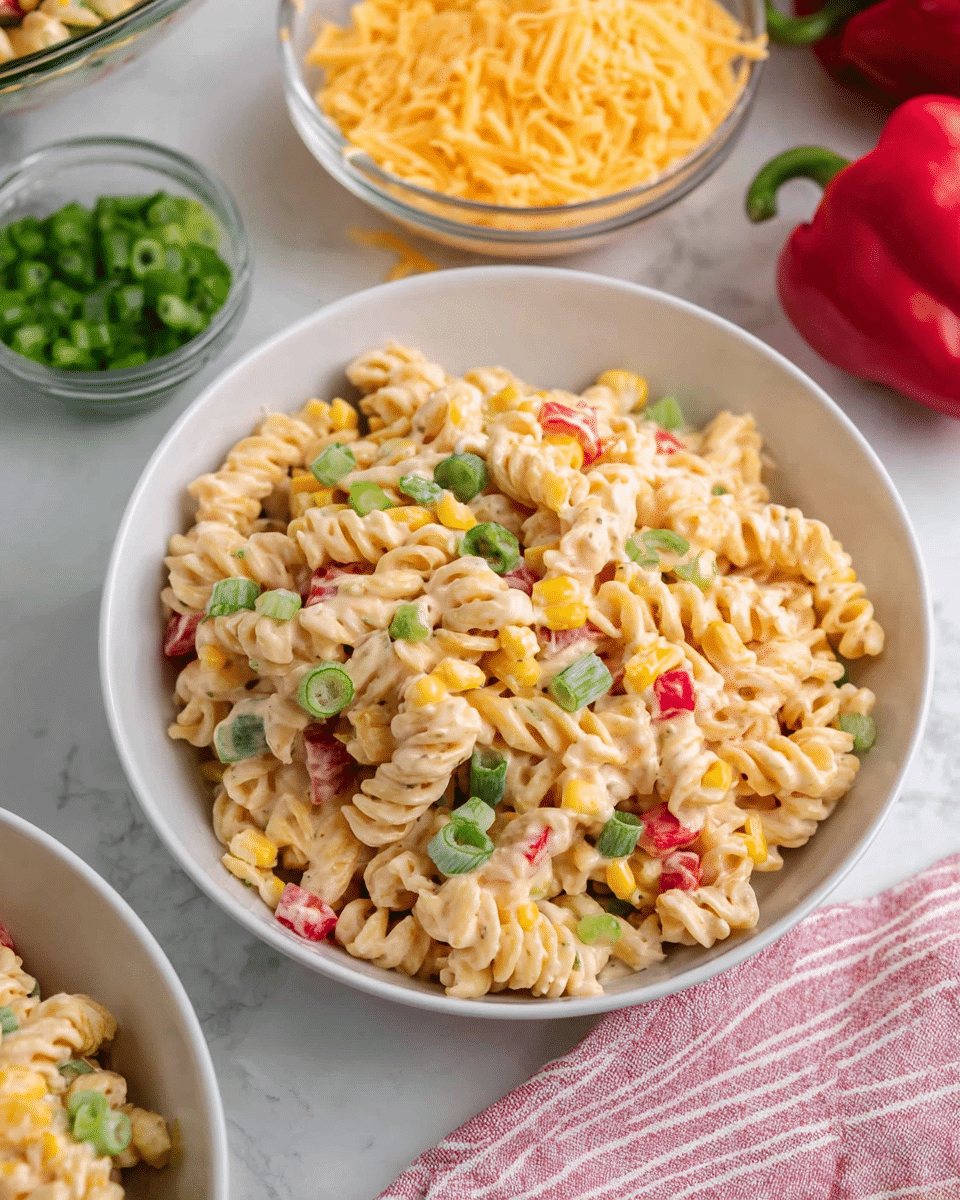 A white bowl filled with creamy pasta salad made of spiral rotini pasta mixed with bright yellow corn kernels, small red bell pepper pieces, and thin slices of green onions, all coated in a smooth, light-colored dressing. Around the bowl are a glass bowl of shredded yellow and white cheese, a small glass bowl with chopped green onions, a red bell pepper, and part of another white bowl with more pasta salad visible. The scene is set on a white marbled surface with a soft pink-striped cloth underneath some bowls. photo taken with an iphone --ar 4:5 --v 7