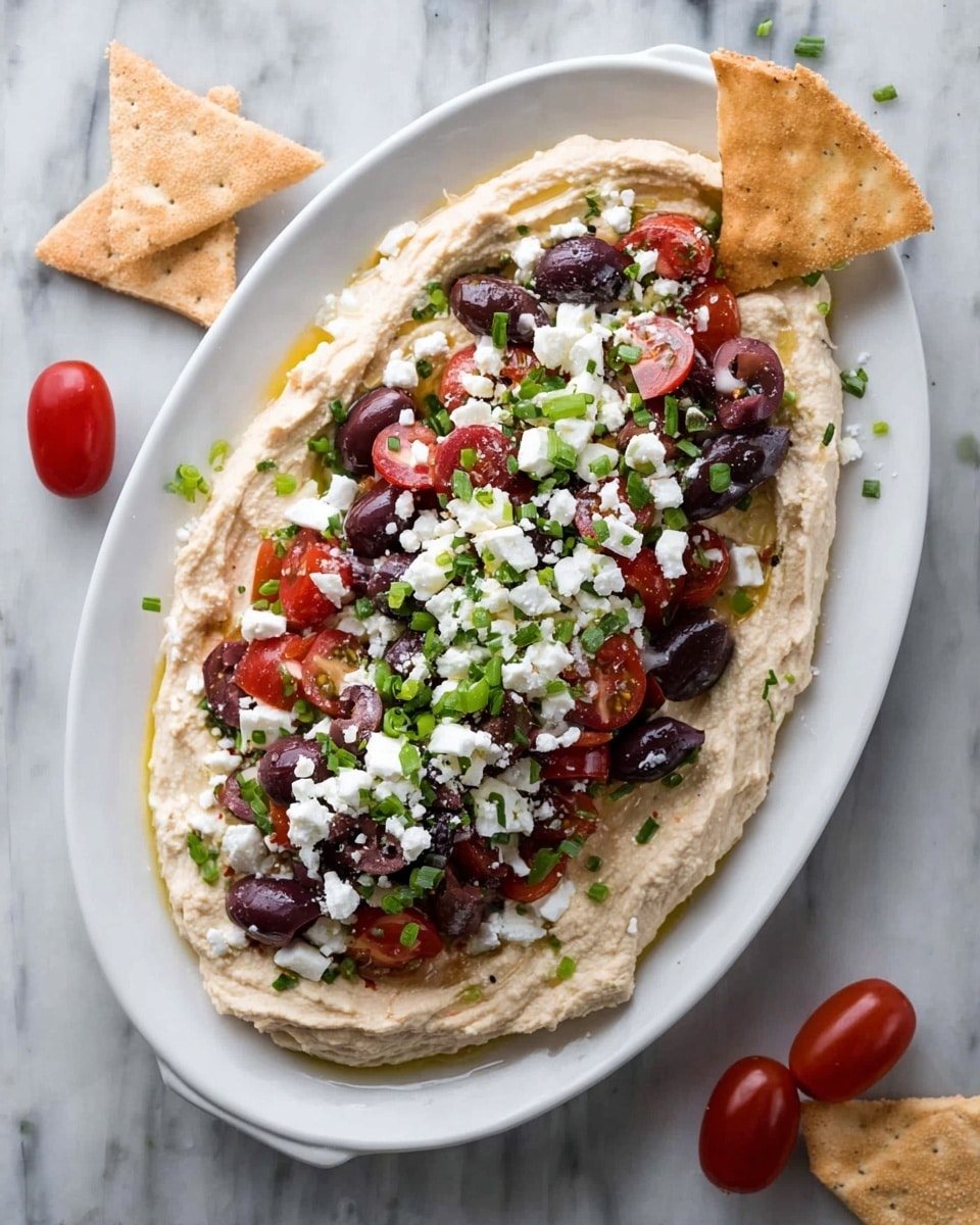The dish is served on a white oval plate placed on a white marbled surface. It has three main layers: the bottom layer is a smooth, creamy beige hummus spread evenly with a swirling texture reaching the edges, the middle layer consists of chopped red cherry tomatoes and dark purple kalamata olives, cut into small pieces and scattered generously, and the top layer features white crumbly feta cheese mixed with bright green chopped scallions sprinkled thickly over the top. A few triangular light brown pita chips are placed on the side of the plate and one chip is dipped into the hummus. Two whole cherry tomatoes and more pita chips are scattered around the plate on the white marbled surface. photo taken with an iphone --ar 4:5 --v 7
