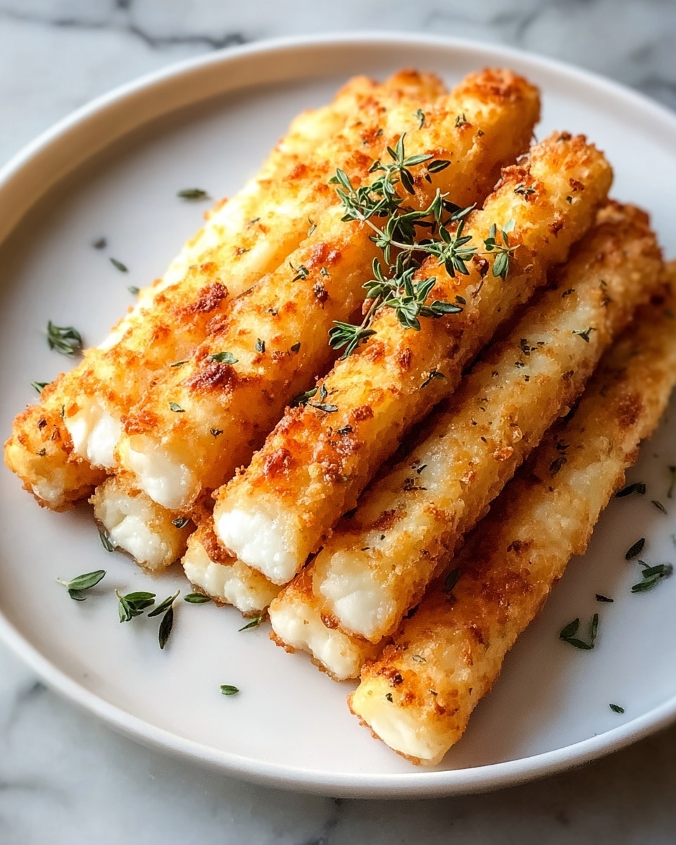 A white plate with a stack of eight golden-brown cheese sticks, each stick showing a crispy, slightly bubbled crust and a soft white cheese filling visible at the ends. The cheese sticks are arranged in two neat layers, with four on the bottom and four on top, some topped with small green sprigs of fresh herbs. The plate rests on a white marbled surface that adds a clean, bright backdrop. Photo taken with an iphone --ar 4:5 --v 7