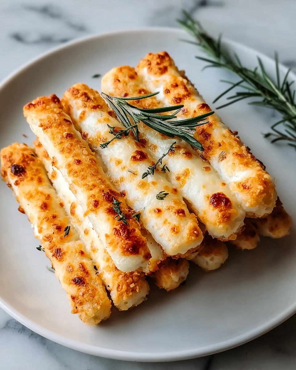 A white plate on a white marbled surface holds a neat stack of eight golden-brown cheese sticks. Each stick is long and rectangular with a crispy, slightly uneven texture and white melted cheese visible on the ends and through some spots. The tops of the sticks have small browned patches, adding a crunchy look. Small green rosemary sprigs lay over the top cheese sticks, adding a fresh touch. Photo taken with an iphone --ar 4:5 --v 7