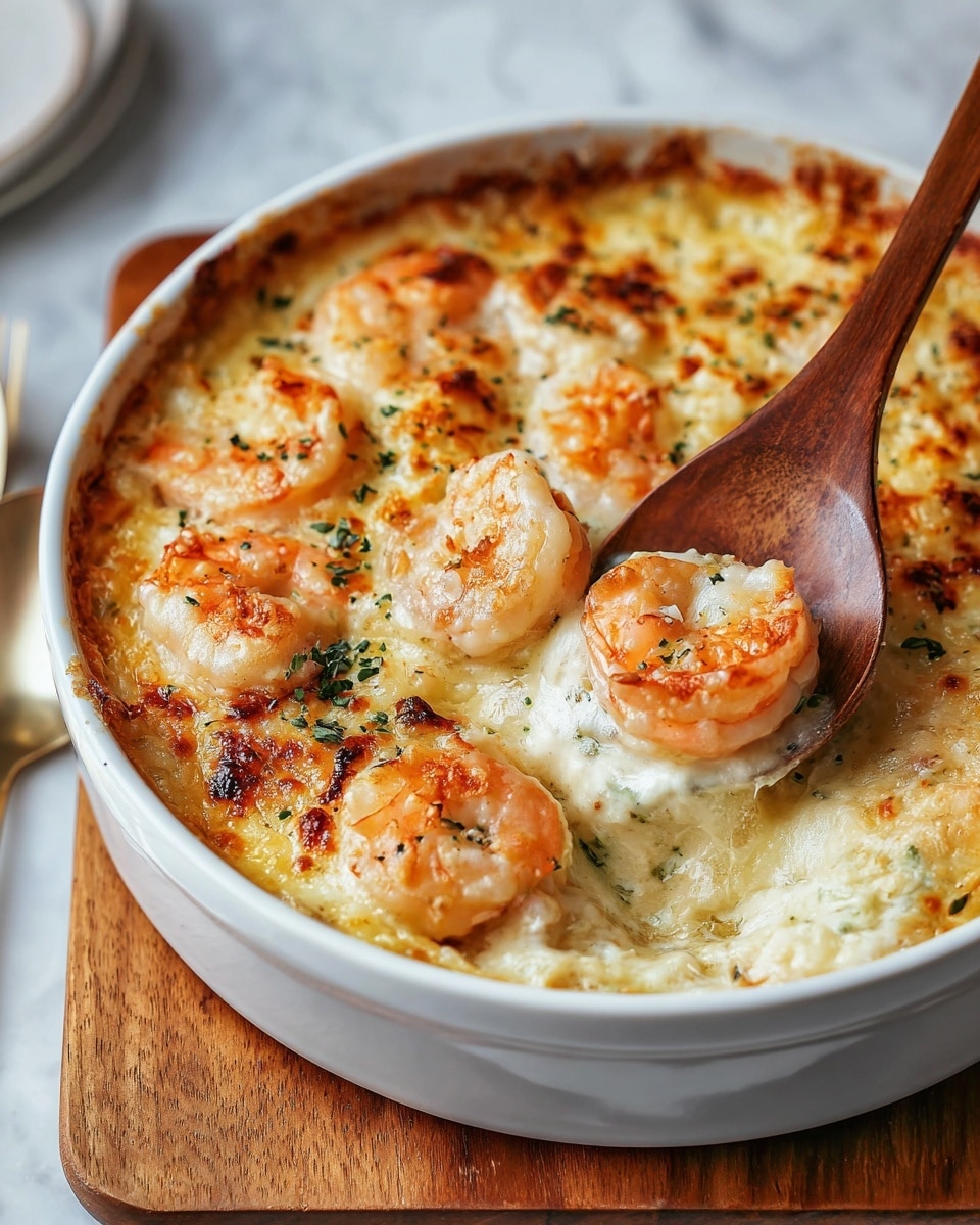A white round baking dish holds a creamy baked shrimp gratin with a golden-brown crust. The top layer is bubbly and has browned cheese with crispy bits and scattered green herbs. Plump shrimp with a light orange-pink color sit on the surface, slightly embedded but visible. A wooden spoon scoops into the dish, revealing a thick, creamy white sauce underneath with some more shrimp inside. The dish rests on a wooden board, and the background shows a soft white marbled texture. photo taken with an iphone --ar 4:5 --v 7