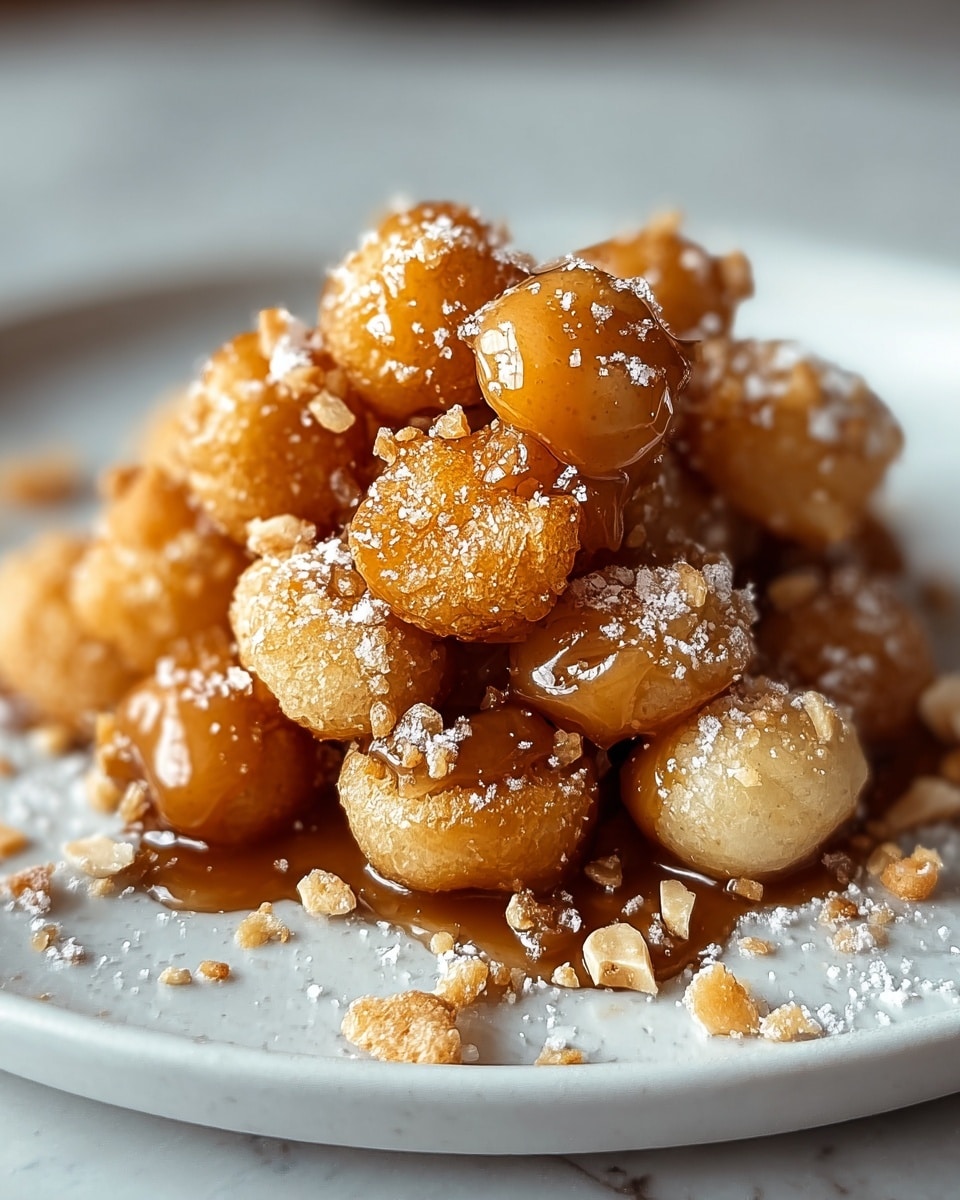 A close-up of a small pile of golden brown, crispy snacks on a white plate, each piece coated with a sticky, shiny caramel sauce that drips slightly around the edges. The snacks have a rough, textured surface, with some appearing hollow and others round, all sprinkled lightly with fine powdered sugar giving a soft, dusty look on top. The plate sits on a white marbled texture, adding contrast to the warm colors of the caramel-coated snacks, with small bits scattered loosely around the base of the pile. Photo taken with an iphone --ar 4:5 --v 7