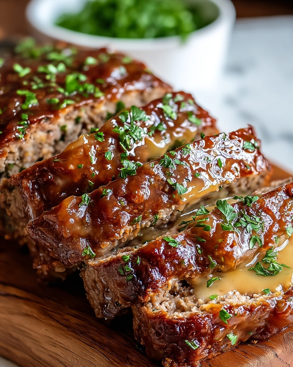 The image shows thick slices of a golden-brown meatloaf with a shiny glaze covering each slice, sprinkled with chopped green herbs on top. The meatloaf has a juicy texture with bits of seasoning visible inside, and the glaze looks smooth and slightly sticky, creating a glossy effect that highlights the browning on the edges. The slices are arranged close together on a wooden board, and in the background, there is a white bowl filled with fresh green herbs, set against a soft white marbled texture. photo taken with an iphone --ar 4:5 --v 7