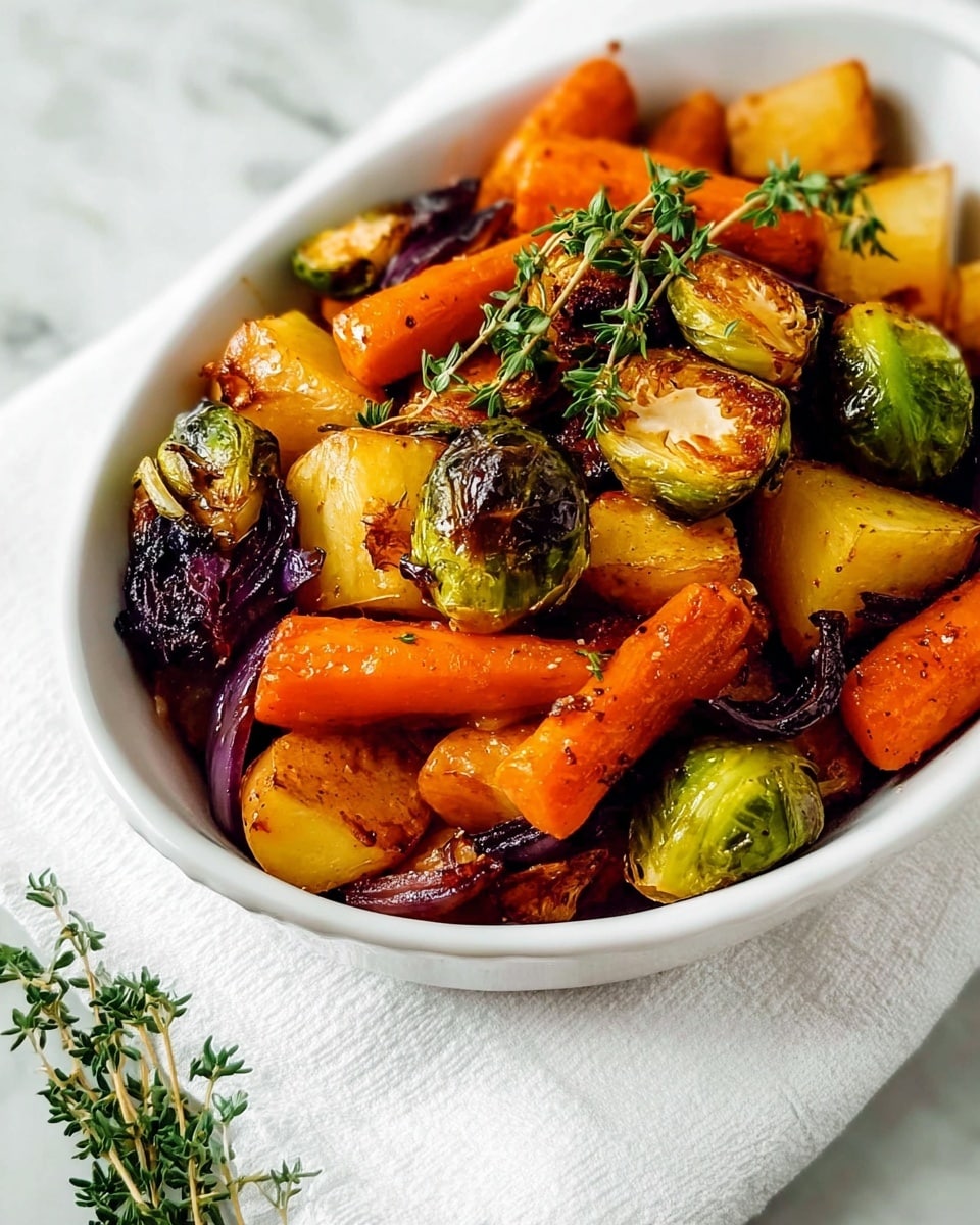 The image shows a white bowl filled with roasted vegetables placed on a white cloth atop a white marbled surface. The dish has several layers: at the bottom, there are caramelized chunks of golden brown potatoes mixed with bright orange baby carrots. Scattered among them are charred, translucent pieces of purple onions and browned halved Brussels sprouts with green and blackened edges. Sprigs of fresh green herbs, possibly thyme, are placed on top, adding a touch of brightness. The vegetables have a glossy, slightly oily texture and look well-cooked with some crispy parts. Photo taken with an iphone --ar 4:5 --v 7