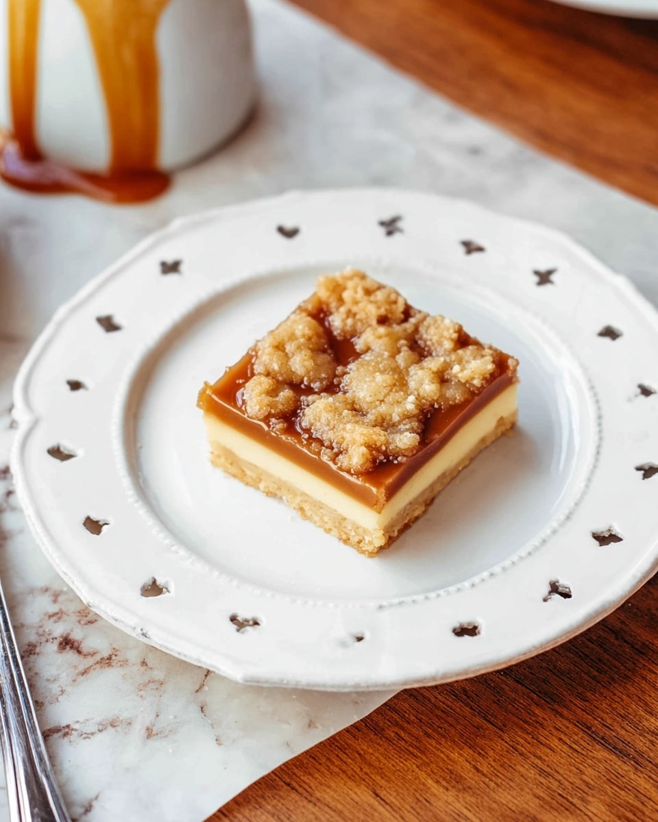 A square dessert bar sits on a white, decorative plate with small cut-out shapes around the edges. The bar has two distinct layers: the bottom layer is pale yellow with a smooth texture, while the top layer is a rich caramel color with a crumbly, lumpy topping scattered unevenly across its surface. The setting includes a wooden table with a white marbled texture softly visible, a cutlery piece at the bottom left corner, and a white container with caramel sauce dripping slightly on the left side. Photo taken with an iphone --ar 4:5 --v 7