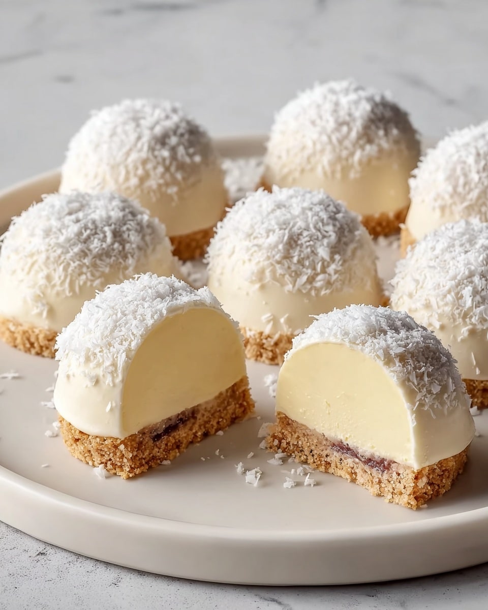 The image shows a group of small dome-shaped desserts arranged on a white plate with a white marbled texture beneath. Each dessert has three distinct layers: a crumbly light brown base, a creamy pale yellow middle layer with a smooth texture, and a top layer covered with white powder that looks like shredded coconut or powdered sugar, giving a snowy effect. Two of the domes are cut in half, revealing the smooth and dense creamy layer clearly sitting on the crumbly base. The desserts have an overall soft, light color palette with a fine texture contrast between the smooth cream and crumbly base. photo taken with an iphone --ar 4:5 --v 7
