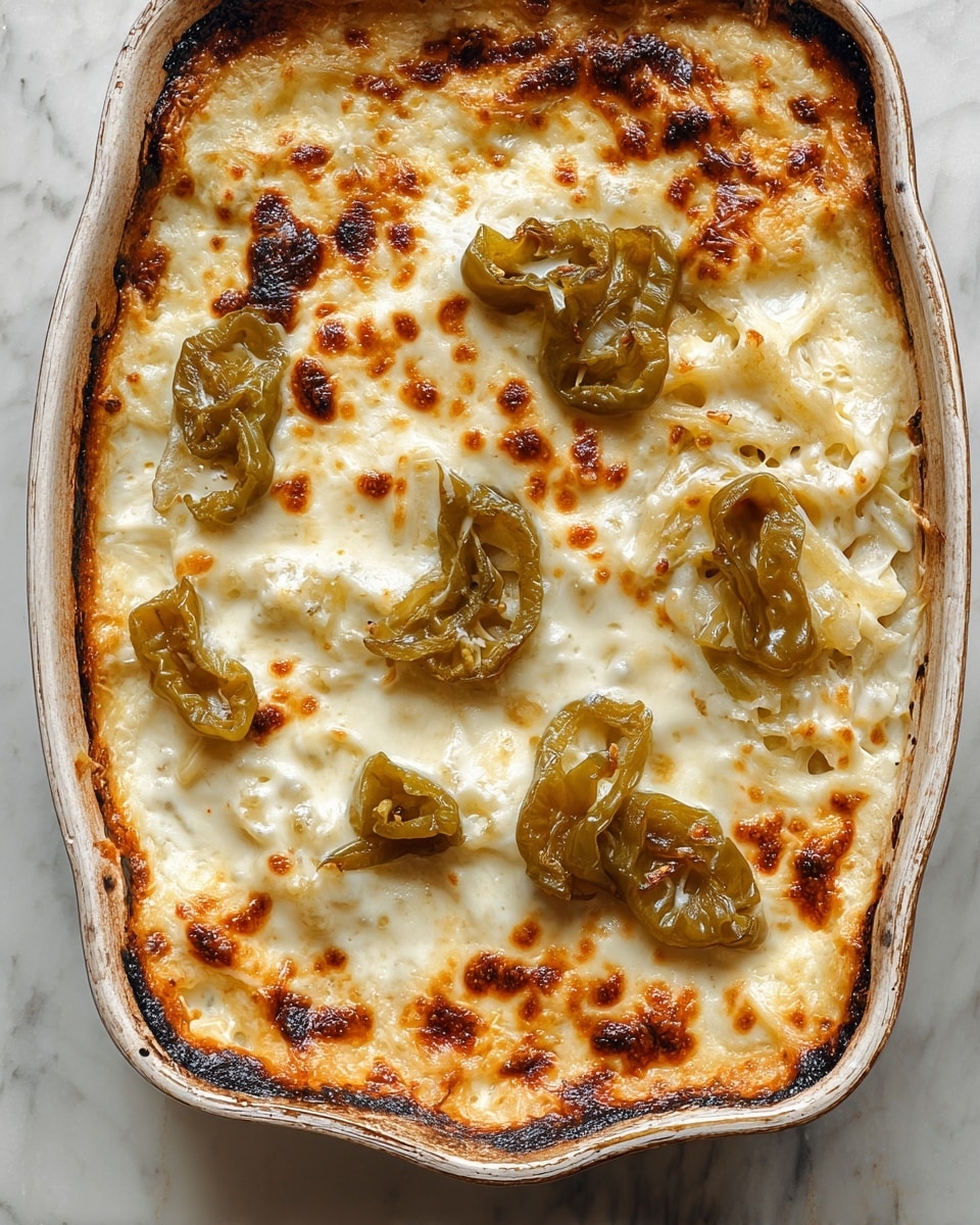 This image shows a baked dish in a rustic ceramic white baking dish with scalloped edges. The dish has about three main layers visible: the bottom layer consists of pale, cooked noodles, topped by a middle creamy white cheese layer that has melted smoothly with golden brown spots and bubbly texture. Scattered on top are soft green slices of roasted peppers that add a slightly glossy look and contrast with the creamy cheese. The edges of the dish have some browned, slightly crispy baked cheese residue showing caramelization. The scene is set on a white marbled surface. Photo taken with an iphone --ar 4:5 --v 7