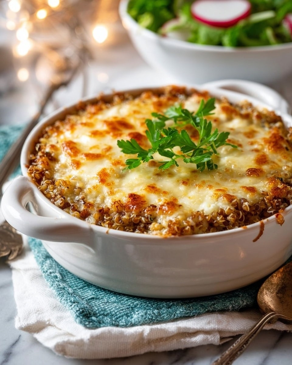 The dish is a baked casserole presented in a white ceramic round dish with handles on each side. The bottom layer is a grain mix with small, round grains in light brown and beige colors. The top layer is melted cheese baked to a golden brown with some crispy spots, giving a slightly rough texture with bubbly cheese. Fresh green parsley leaves are placed on top as garnish, adding a touch of bright green. The dish sits on a folded white and turquoise cloth on a white marbled surface, with a spoon placed nearby. In the blurred background, there is a white bowl holding a green salad with sliced radish. Photo taken with an iphone --ar 4:5 --v 7