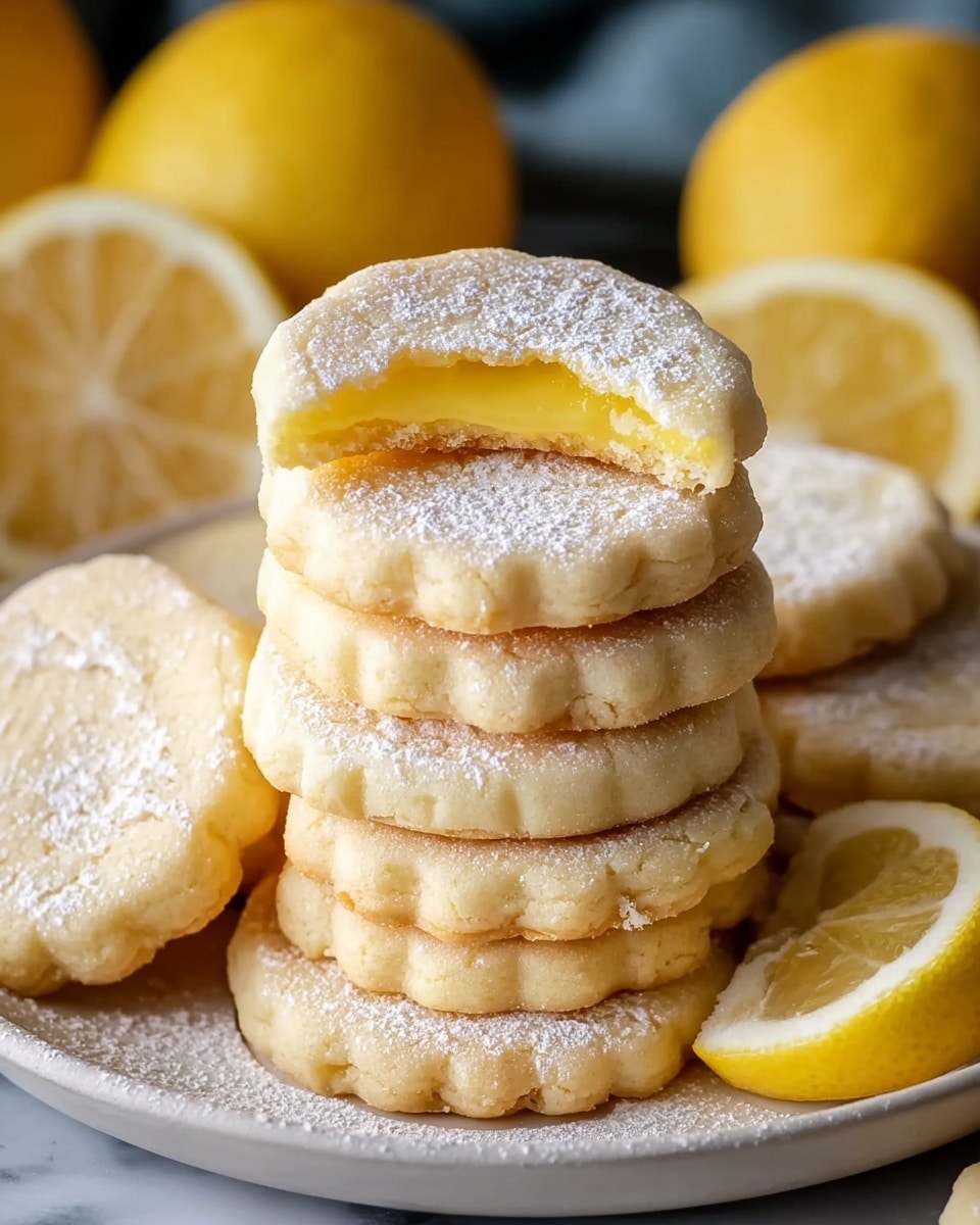 A stack of round lemon cookies arranged on a white plate, each cookie with a golden-brown outer edge and a pale yellow, smooth lemon filling visible in the center. The cookies have a slightly crumbly texture with a dusting of powdered sugar over the top, adding a light white dust effect. One cookie on top has a bite taken out of it, clearly showing the soft, bright yellow lemon filling inside against the crumbly cookie shell. The plate sits on a white marbled surface, and in the background, whole lemons and lemon slices add a fresh, vibrant yellow touch to the scene. Photo taken with an iphone --ar 4:5 --v 7