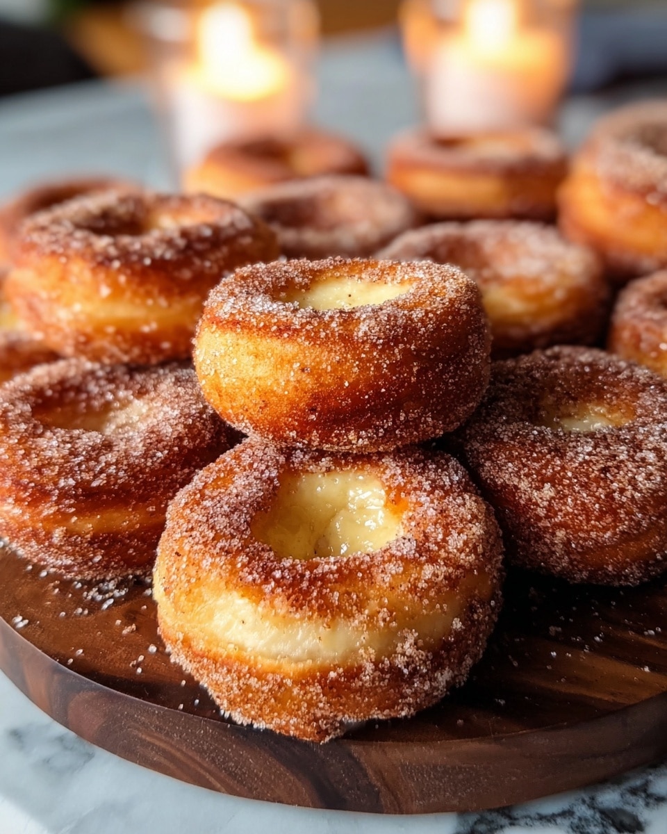 A group of small round donuts with a hole in the center are arranged closely on a rustic wooden board. Each donut has two layers: a golden-brown fried outer layer covered with a coarse sugar and cinnamon mix, and a lighter, soft-looking inner dough layer visible from the sides. The sugar coating adds a grainy texture on top and around the edges. The background shows faint blurred elements with warm lighting, while the wooden board displays natural wood grain texture. The scene rests on a white marbled textured surface. photo taken with an iphone --ar 4:5 --v 7