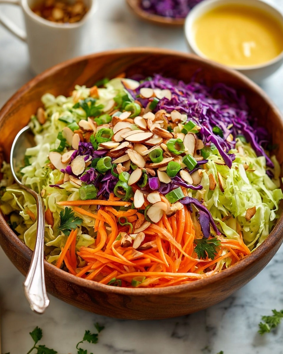 A large wooden bowl is filled with a colorful salad made of several layers: the bottom layer has shredded light green cabbage, the middle layer shows thin strips of bright orange carrots and purple cabbage, and the top layer is garnished with sliced green onions, fresh small green parsley leaves, and a generous handful of toasted almond slices, both whole and slivered, scattered on top. A silver serving fork is placed inside the bowl on the left side. In the background, there is a small white bowl with a creamy yellow dressing and a blurred cup on a white marbled surface. photo taken with an iphone --ar 4:5 --v 7