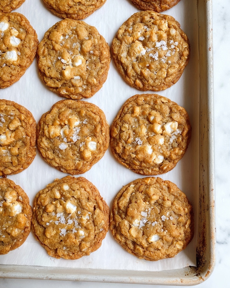 The image shows a close-up view of nine oatmeal cookies arranged in three rows of three on a white tray lined with parchment paper. Each cookie is round with a golden-brown color, with a slightly uneven surface texture showing visible oats and small white patches of melted marshmallows embedded into the dough. Light sprinkles of coarse salt crystals are scattered on the tops, adding a subtle sparkle. The edges of the cookies are slightly darker and crispier, while the centers have a softer, chewier look. The tray rests on a white marbled surface. photo taken with an iphone --ar 4:5 --v 7
