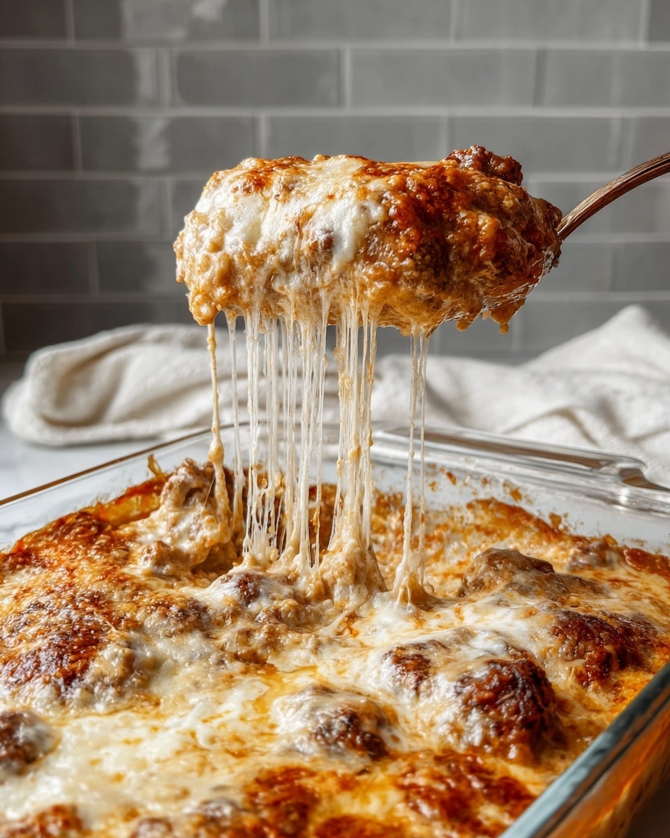 A close-up of a large serving spoon lifting a hot, cheesy baked dish from a clear glass baking dish resting on a white marbled texture. The dish has a golden-brown top layer of melted cheese that stretches in gooey strings from the spoon back to the dish. Below the crispy cheese, there is a thick layer of rich, creamy sauce with small chunks of browned meat throughout. The background shows gray tiled wall and a white cloth out of focus. Photo taken with an iphone --ar 4:5 --v 7