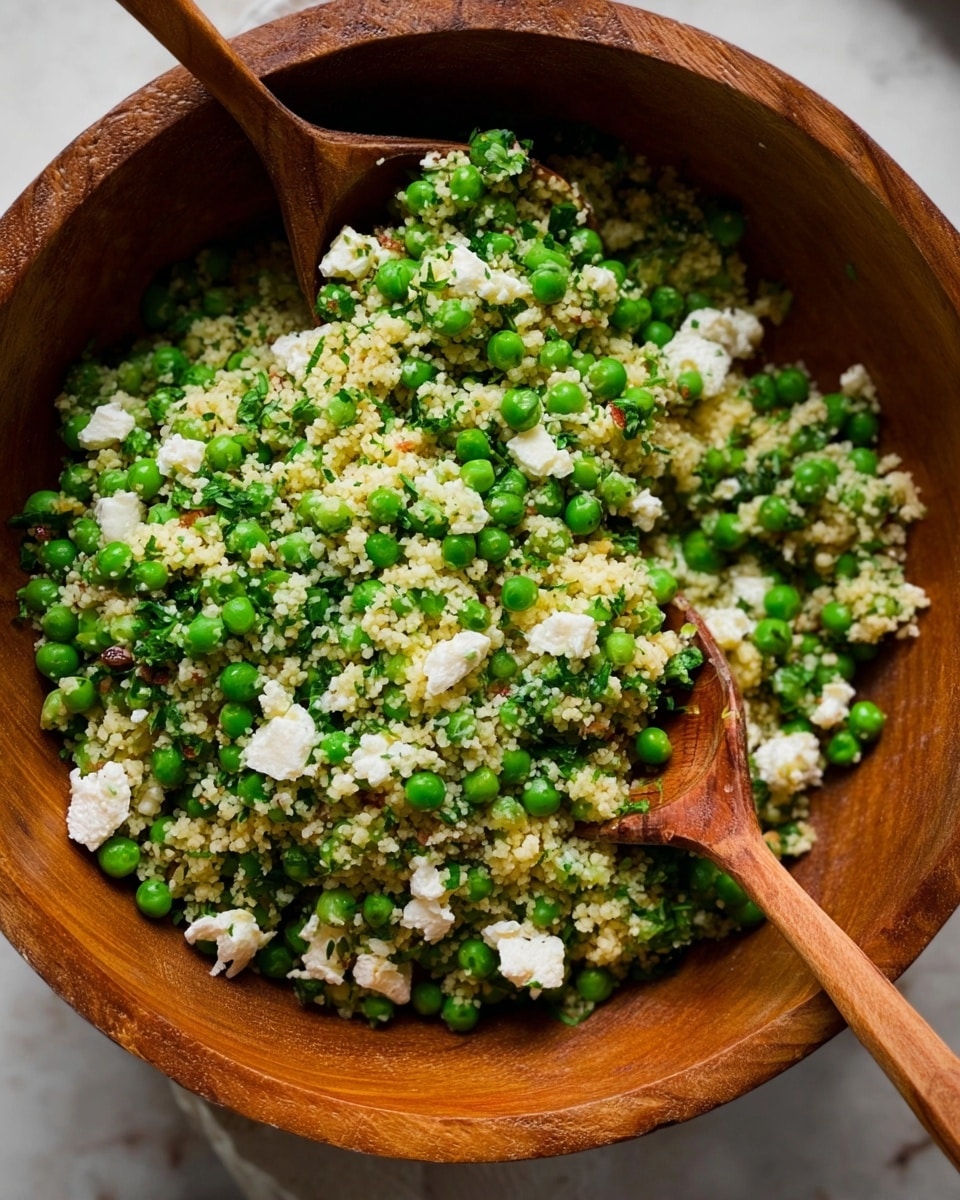 The dish is a colorful mix served in a wooden bowl, filled mostly with bright green peas scattered throughout fluffy, light yellow couscous grains. Small chunks of white cheese are spread evenly, adding a soft texture to the salad. Bits of chopped green herbs are scattered among the layers, giving a fresh and lively appearance. The mixture is stirred with two wooden spoons placed inside the bowl. The background surface is a white marbled texture, adding a clean and simple contrast to the natural colors of the dish. Photo taken with an iphone --ar 4:5 --v 7