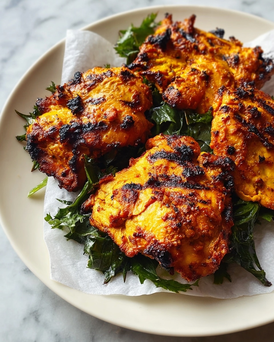 Three pieces of grilled chicken with charred edges in golden-orange color lie on a white plate lined with a white paper. Under the chicken, there is a layer of dark green leafy vegetables adding a fresh contrast. The chicken has a rough texture with little blackened spots showing the grill marks and is slightly uneven in shape. The plate rests on a white marbled textured surface. photo taken with an iphone --ar 4:5 --v 7