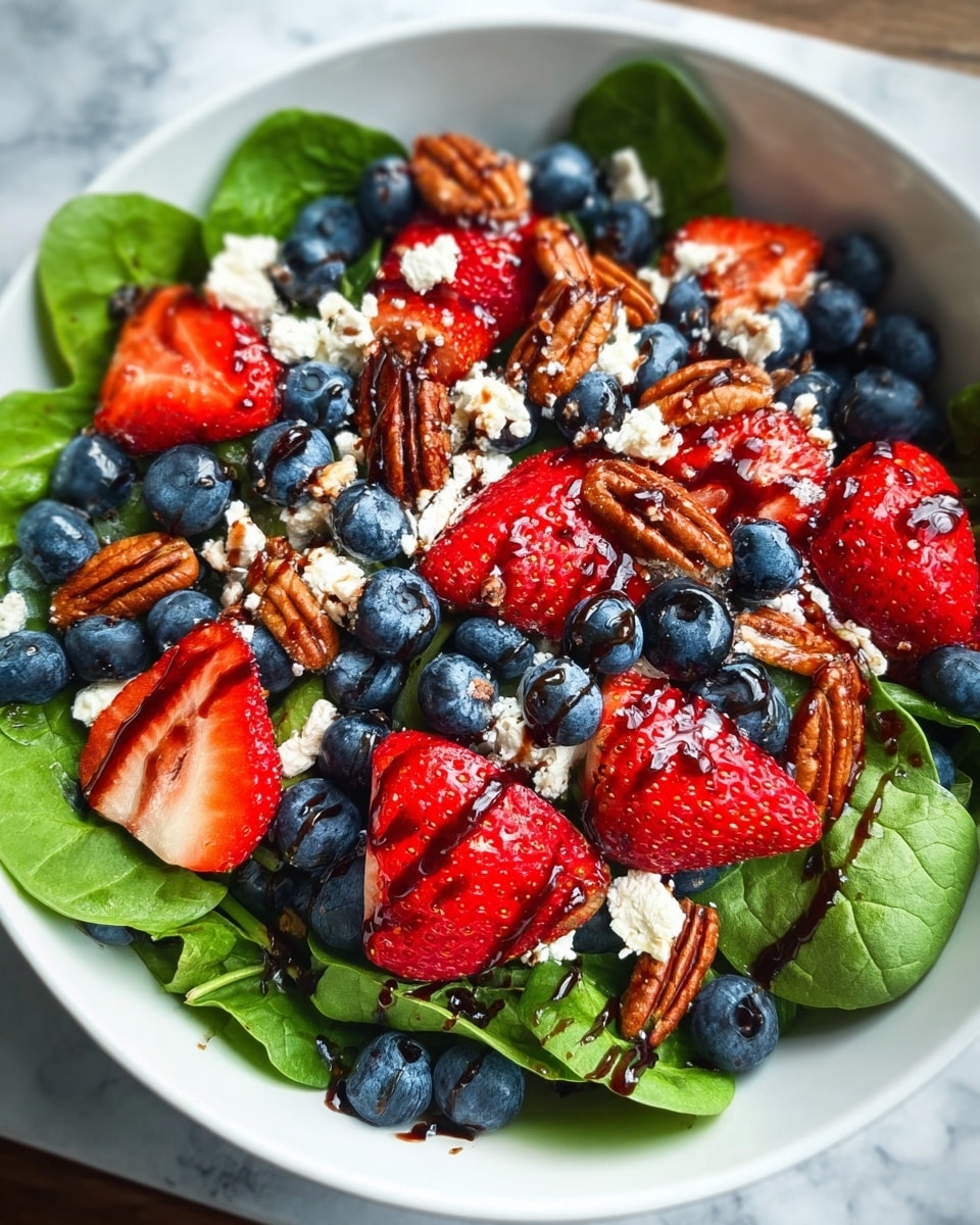 A white bowl filled with fresh green spinach leaves forming the base layer, topped with bright red strawberry halves and whole deep blue blueberries scattered evenly. Small pieces of white crumbly feta cheese are spread across, along with medium brown pecan halves that add texture. The entire salad is drizzled with a dark brown balsamic glaze, giving it a glossy finish. The bowl is set on a white marbled surface. photo taken with an iphone --ar 4:5 --v 7