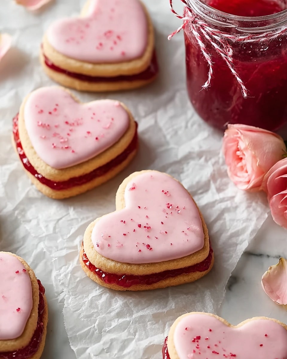Several heart-shaped sandwich cookies are placed on crumpled white parchment on a white marbled surface. Each cookie has three layers: the bottom and top layers are golden-brown cookie halves, and the middle layer is bright red jam, visible from the sides. The top cookie layer is covered with smooth, pale pink icing that has small red specks scattered evenly across it. Around the cookies, there are a few soft pink rose petals, and in the upper right corner, there is a glass jar filled with the same bright red jam, tied with a white and red string. photo taken with an iphone --ar 4:5 --v 7