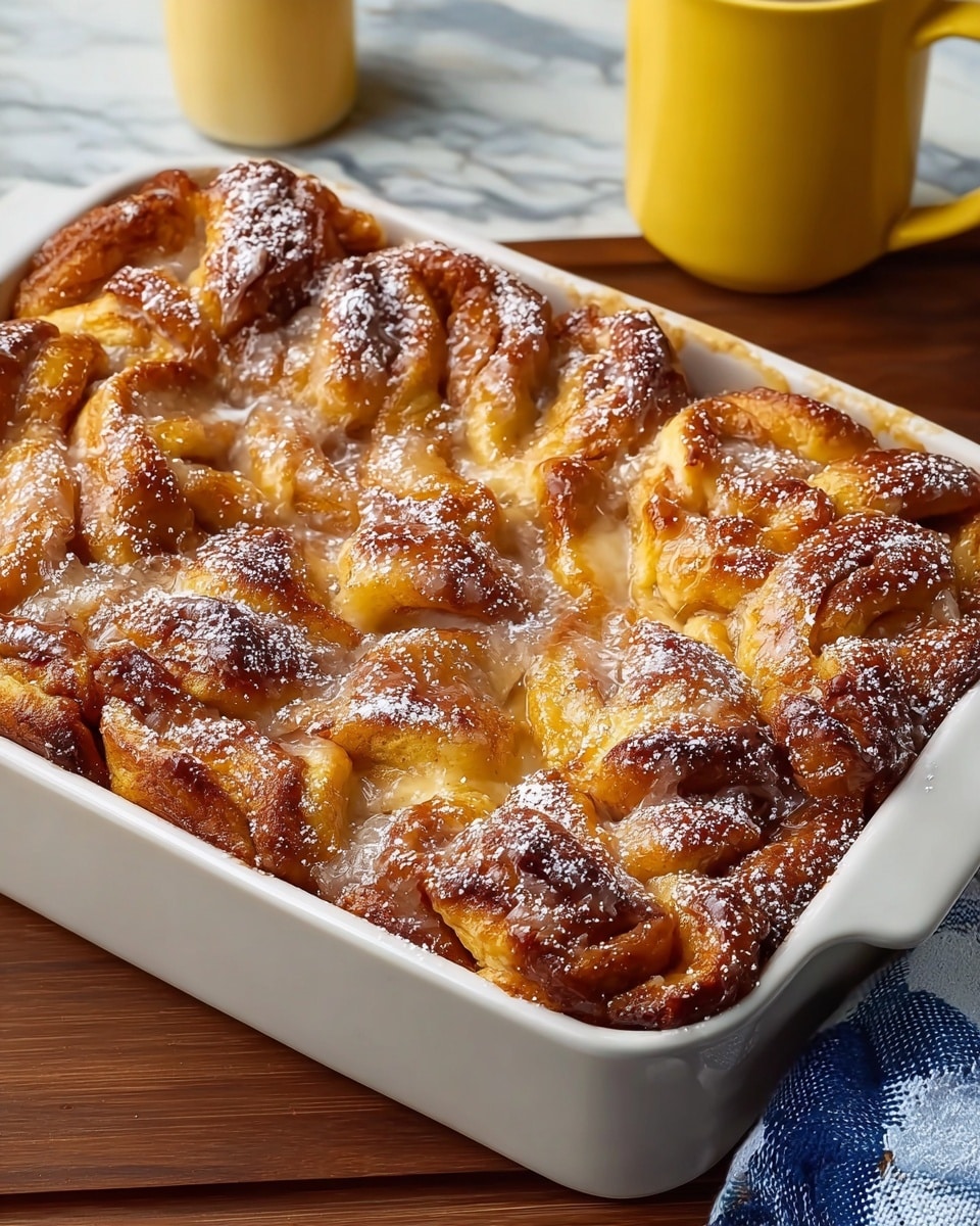 A white rectangular baking dish filled with a baked dessert showing multiple layers of twisted, golden brown dough pieces closely packed together, each piece glistening with a light glaze. The top layer has a slightly crispy texture with a golden caramelized color and is dusted unevenly with a fine layer of white powdered sugar. The dessert looks sticky and moist, with some lighter creamy areas showing between the dough pieces. The dish rests on a dark wooden surface with a yellow cup partly visible behind it, and a blue and white checkered cloth is partly seen at the bottom right corner. The background has a white marbled texture. photo taken with an iphone --ar 4:5 --v 7