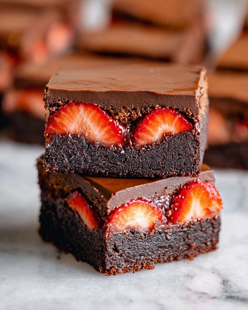 The image shows two stacked brownies with three clear layers each. The bottom layer is a dark, rich, and moist chocolate brownie base with a slightly crumbly texture. The middle layer has a few slices of bright red strawberries, partially embedded in the brownie, adding a fresh and juicy contrast. The top layer is a thick, smooth, and glossy chocolate ganache with a deep brown color. The brownies are placed on a white marbled surface, and more brownies are blurred in the background. photo taken with an iphone --ar 4:5 --v 7