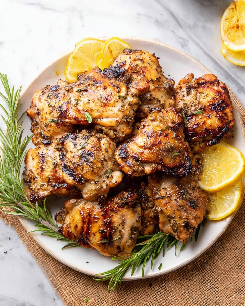 A white round plate holds a pile of grilled chicken thighs, each piece golden brown with crispy, slightly charred edges and visible herbs scattered on top. The chicken pieces have a moist but well-cooked texture with some darker spots from grilling. Around the chicken, there are lemon wedges showing bright yellow skin and pale juicy inside. Sprigs of fresh green rosemary are placed alongside the chicken for garnish. The plate sits on a brown burlap cloth on a white marbled surface, giving a fresh and rustic look. photo taken with an iphone --ar 4:5 --v 7