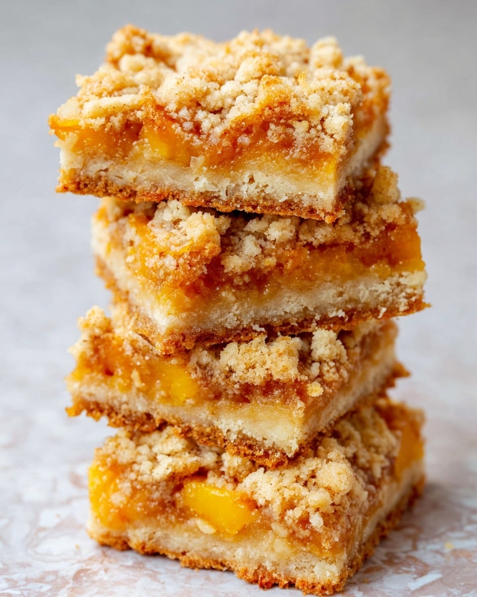 A stack of four square fruit crumble bars shown close-up on a white marbled texture. Each bar has three visible layers: a bottom layer of light golden brown crumbly crust, a middle layer of bright orange fruit filling with soft chunks, and a top layer of pale crumbly streusel with a rough texture that contrasts with the smooth fruit. The bars are slightly uneven, showing the crumbly texture and juicy filling clearly. Photo taken with an iphone --ar 4:5 --v 7