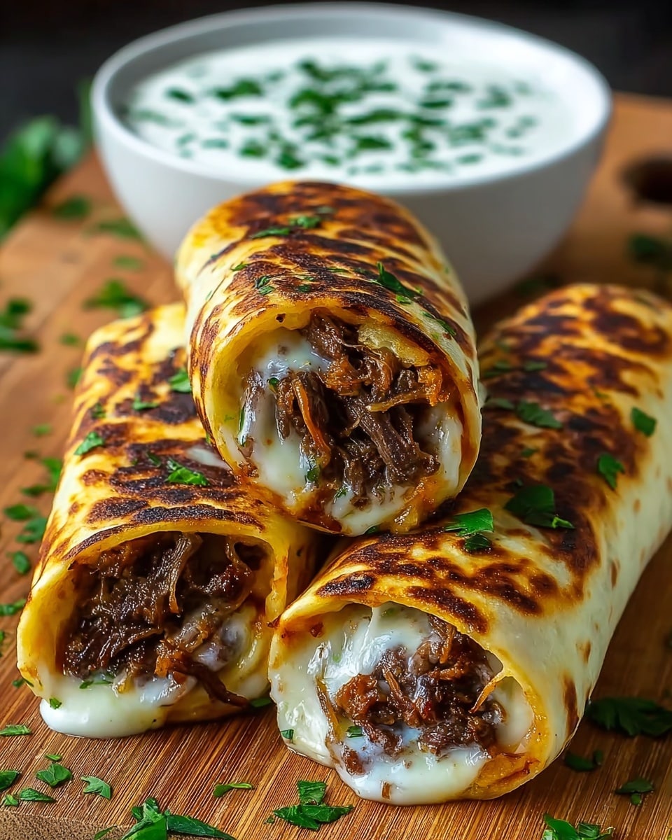 Three rolled wraps with a golden-brown, slightly charred outer layer show a soft, thin texture. Each wrap is cut in half, revealing a filling of dark brown shredded meat mixed with melted white cheese and sprinkled with chopped green herbs. The wraps are stacked closely together on a wooden board with more green herb leaves scattered around. In the background, there is a white bowl filled with white sauce topped with more chopped green herbs. The photo is taken with an iphone --ar 4:5 --v 7