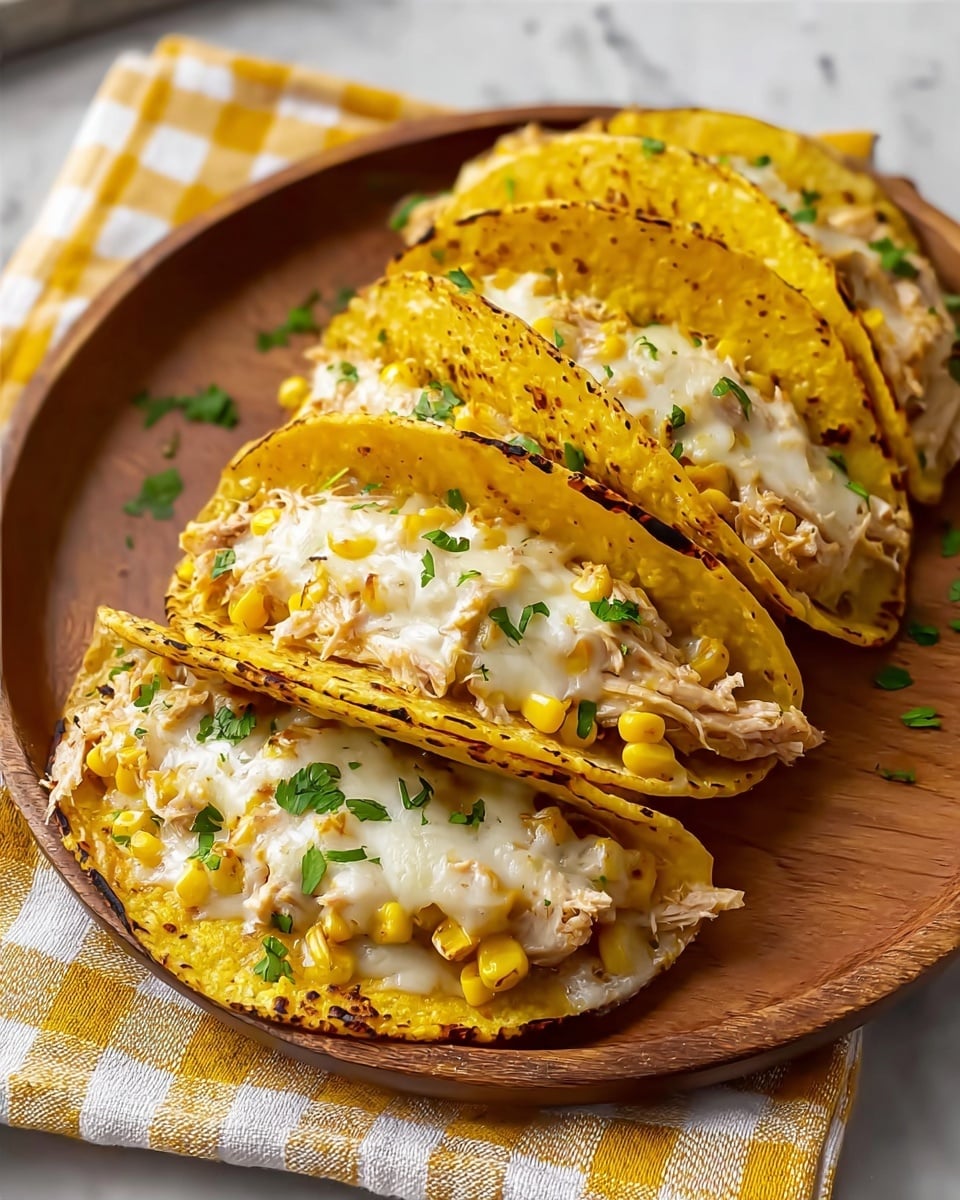 Six yellow, crispy tacos are neatly lined up inside a black rectangular tray. Each taco has a soft, golden-brown shell filled with three visible layers: a base layer of shredded chicken mixed with yellow corn kernels, a middle layer of melted white cheese that looks gooey and smooth, and a sprinkle of fresh green chopped herbs on top for color contrast. The tacos sit on a checkered yellow and white cloth with a bottle of olive oil placed nearby, all arranged on a white marbled surface. The photo taken with an iphone --ar 4:5 --v 7