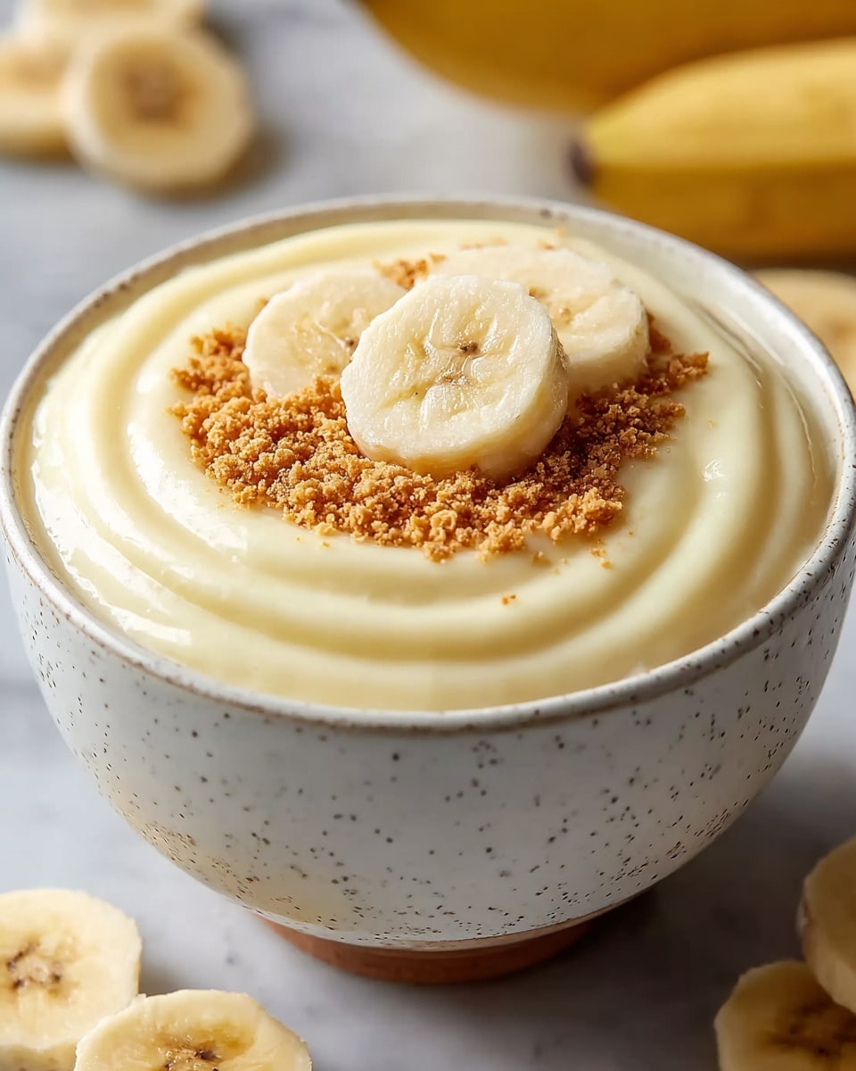 A white speckled bowl filled with creamy pale yellow pudding swirled smoothly, topped with a thin ring of light brown crumbled topping around the center, where three pale yellow banana slices are arranged partly overlapping. The bowl sits on a white marbled surface, with soft blurred bananas and banana slices in the background. photo taken with an iphone --ar 4:5 --v 7