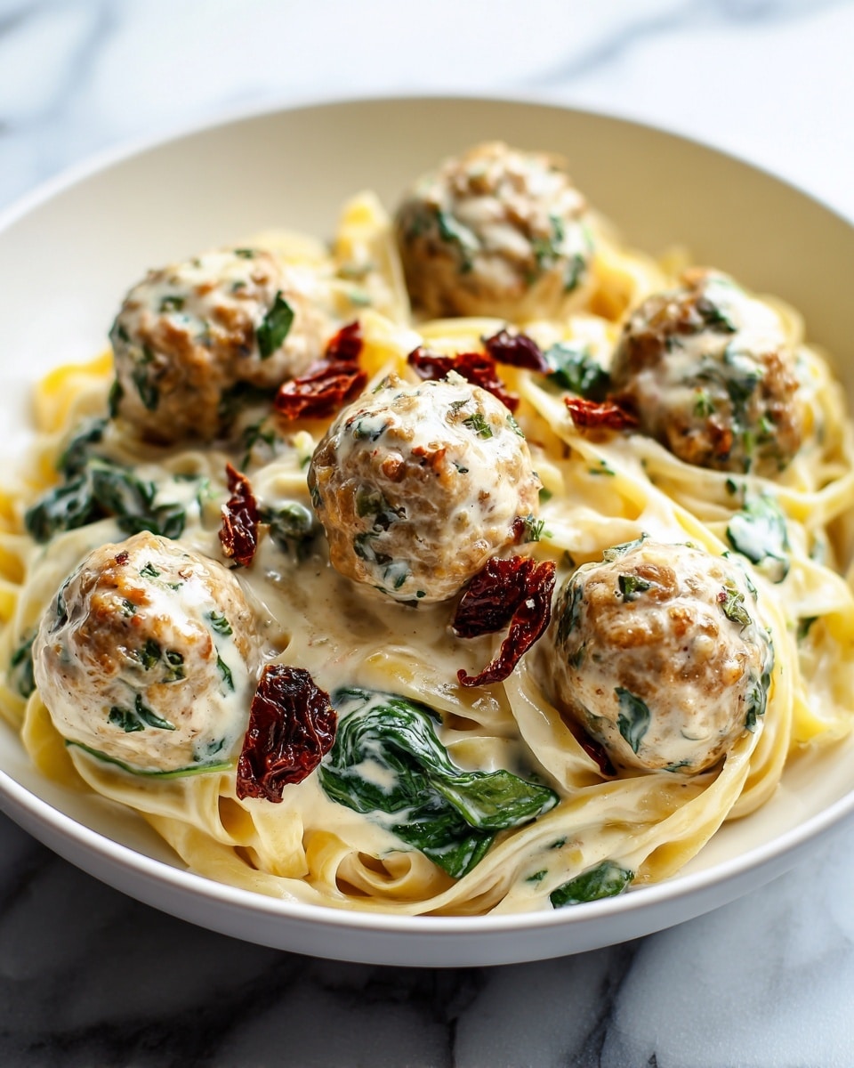 A white bowl filled with creamy fettuccine pasta layered at the bottom, topped with six round, light brown meatballs speckled with green herbs, covered in a smooth, creamy white sauce. Dark green wilted spinach leaves are mixed in among the pasta and meatballs. On top of some meatballs lie small pieces of dried, reddish-brown sun-dried tomatoes. The background shows a white marbled surface. photo taken with an iphone --ar 4:5 --v 7