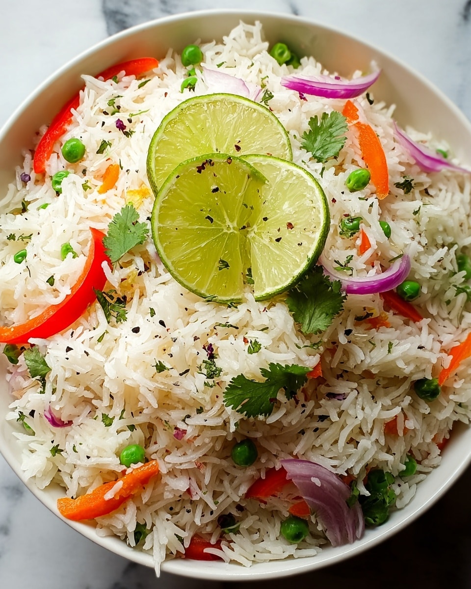A white bowl filled with a layered dish of fluffy white rice as the base, mixed with thin slices of red bell pepper and orange carrot scattered throughout. Bright green peas peek from the rice, while several lime wedges with light green flesh and dark green rinds rest on top. Thin slices of purple onion add pops of color among the rice grains. Fresh green cilantro leaves are sprinkled over the surface with some cracked black pepper visible, adding texture and contrast. The bowl sits on a white marbled surface. photo taken with an iphone --ar 4:5 --v 7