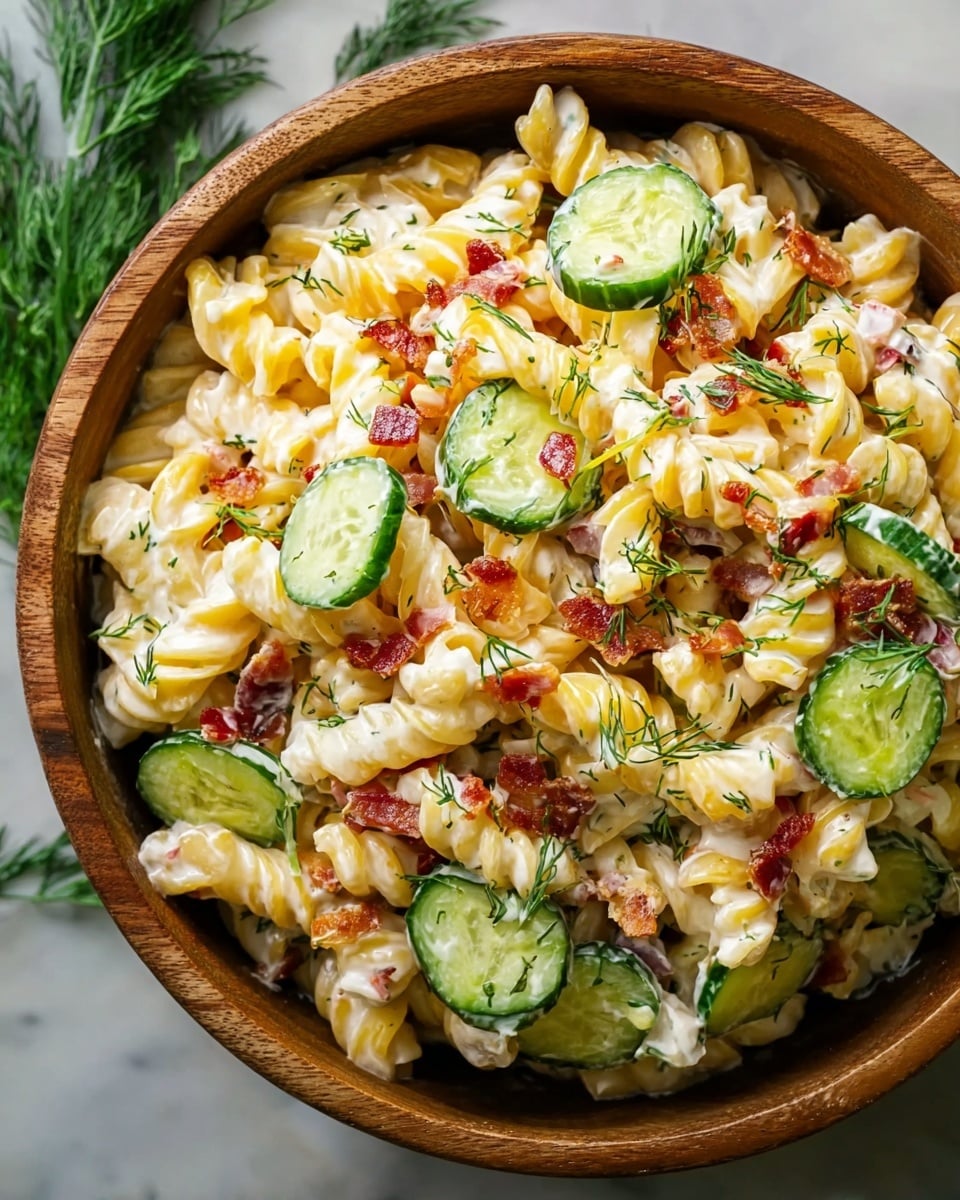 A close-up view of a wooden bowl filled with creamy pasta salad showing three main layers: the light yellow twisted pasta forming the base, scattered green cucumber slices with a slightly glossy texture sitting on top, and small crispy red bacon bits along with sprinkles of fresh green dill evenly spread across for color contrast and texture variation. The bowl rests on a white marbled surface with some fresh dill sprigs visible nearby, photo taken with an iphone --ar 4:5 --v 7