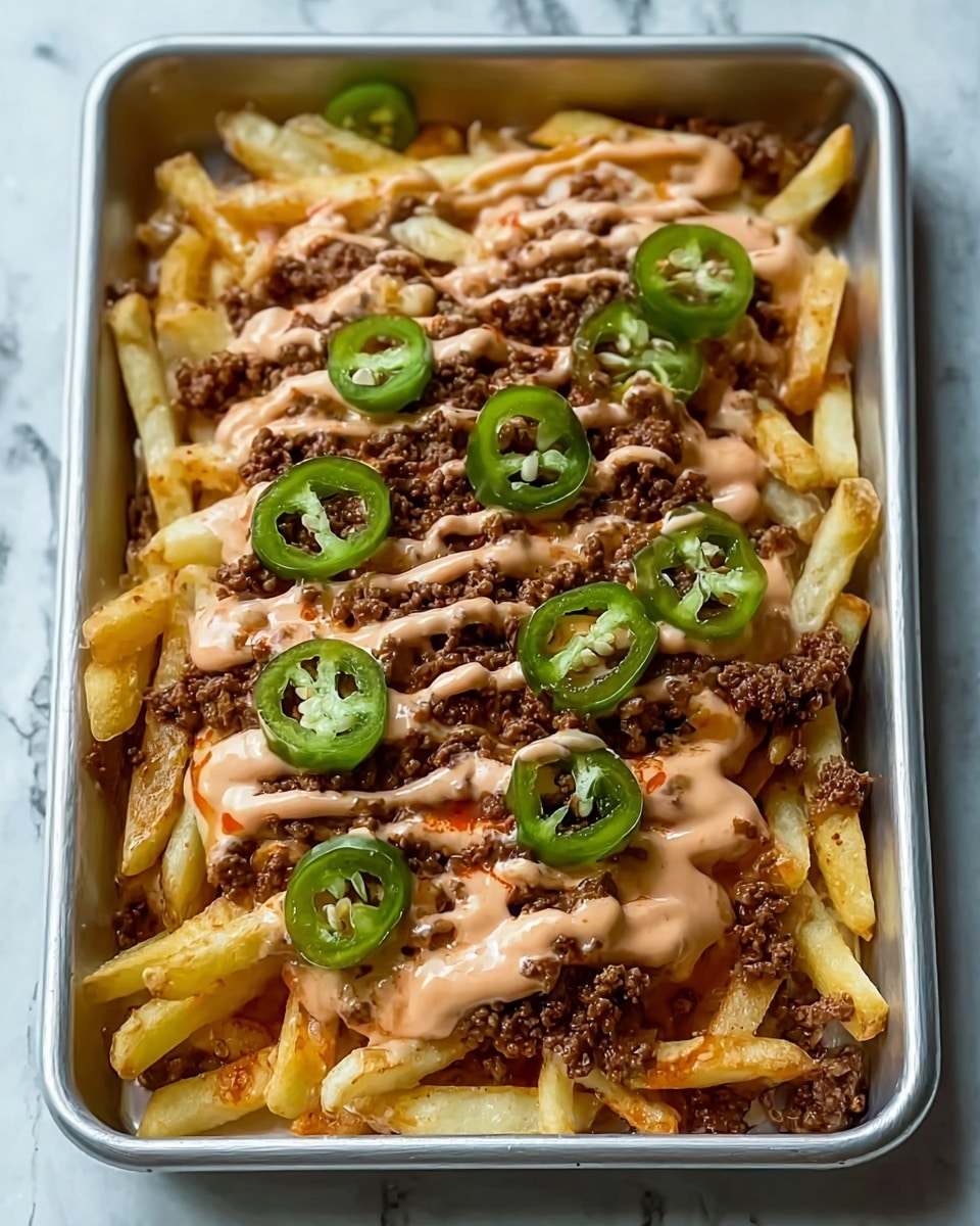 The image shows a metal tray filled with three layers of food: the bottom layer is golden-yellow French fries, some with crispy edges, scattered unevenly across the tray. Above the fries is a layer of browned, crumbled ground meat with a slightly coarse texture. The top layer features a creamy sauce with a light pinkish-beige color drizzled in wavy lines across the dish, along with several rings of bright green jalapeño slices placed on top. The tray sits on a white marbled surface, enhancing the colors and textures of the dish. photo taken with an iphone --ar 4:5 --v 7