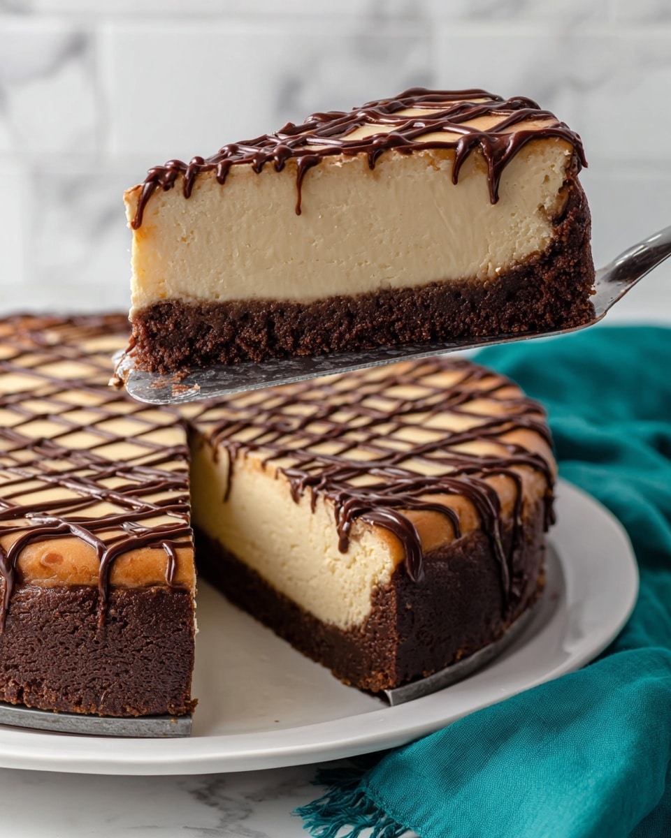 A slice of cheesecake is held above the rest of the cake on a silver spatula, showing two thick layers: a dense, dark brown chocolate crust at the bottom and a smooth, creamy beige cheesecake layer on top. The cheesecake surface and sides are decorated with a dark chocolate drizzle in a crisscross pattern. The whole cake sits on a white plate with a white marbled background and a teal cloth nearby. photo taken with an iphone --ar 4:5 --v 7
