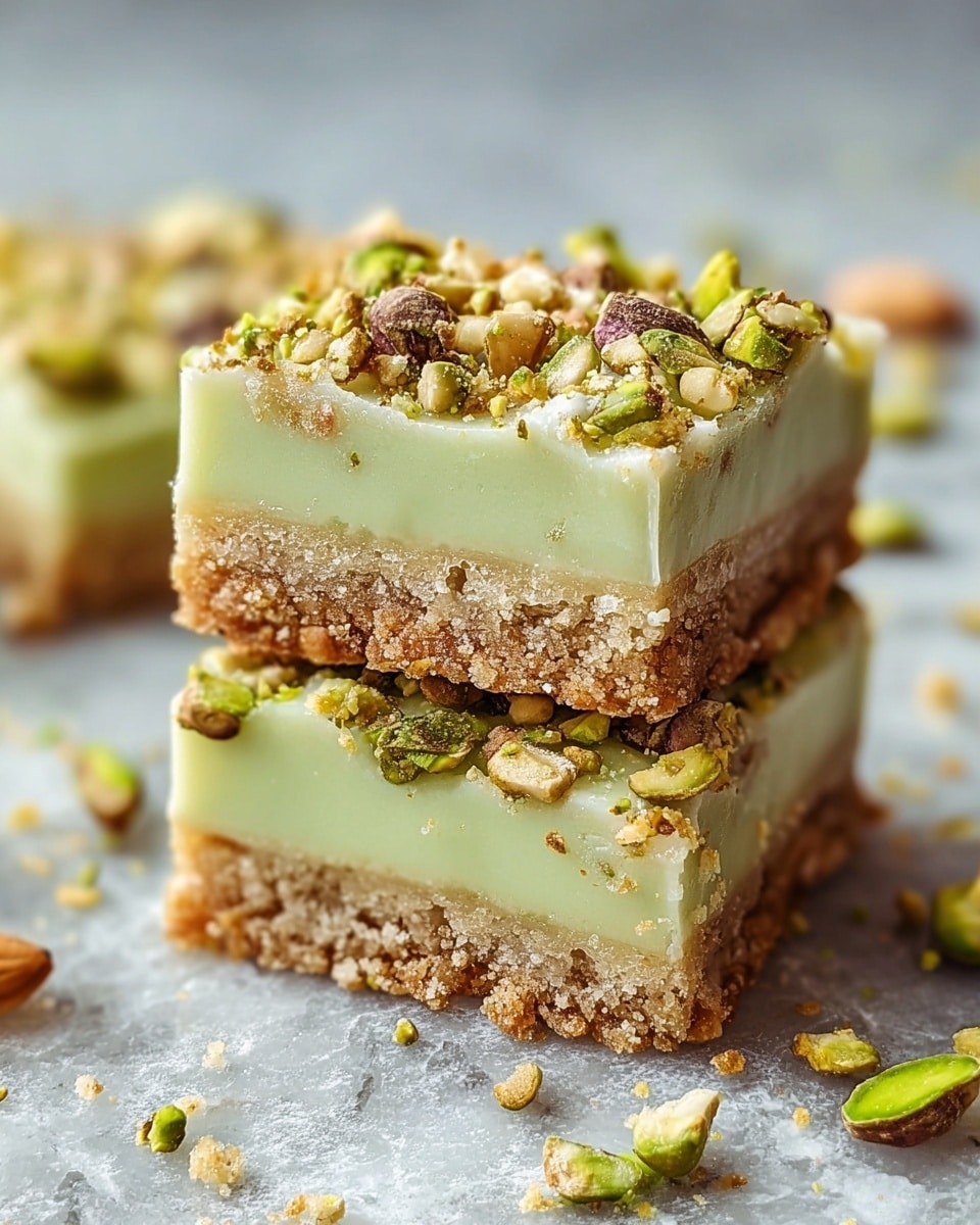 Two square dessert bars stacked on top of each other are shown closely. Each bar has three layers: a crumbly light brown base, a smooth pale green middle layer, and a crumbly light brown top mixed with chopped green pistachio nuts and small pieces of nuts scattered on the surface. The bars are on a white marbled texture with some crushed pistachio nuts and crumbs around them. The photo taken with an iphone --ar 4:5 --v 7