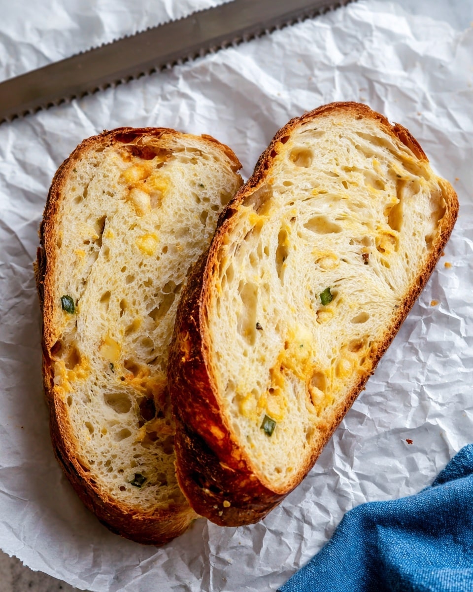 Two slices of bread are placed on white crinkled paper with a serrated knife in the top left corner. Each slice has a golden brown crust with a slightly crispy texture. The inside is soft and light cream-colored with swirls and small bits of yellow cheese and small green pieces dispersed throughout the bread. A blue cloth is partially visible on the right side. The scene rests on a white marbled texture. Photo taken with an iphone --ar 4:5 --v 7