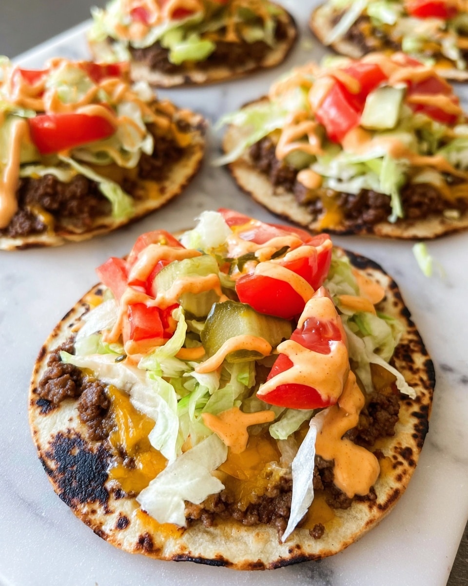 The image shows several small tostadas on a white marbled surface, each with four visible layers. The bottom layer is a lightly toasted round tortilla with slightly charred edges. On top of the tortillas is a thick, dark brown layer of cooked ground beef. The third layer includes vibrant red tomato slices, topped with small pieces of light green shredded lettuce and pale green chopped pickles scattered unevenly. The final layer is a drizzle of creamy orange sauce and melted orange cheese, spread lightly over the toppings, giving a colorful and fresh appearance. Photo taken with an iphone --ar 4:5 --v 7