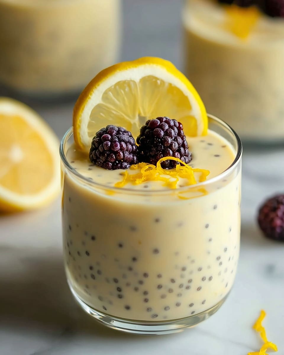A clear glass filled with a creamy pale yellow pudding that has small black seeds evenly spread throughout the mixture, creating a speckled texture. On top, there is a thin, bright yellow lemon slice standing upright, two plump deep purple-black blackberries positioned side by side, and some fine strands of lemon zest scattered around, adding vibrant yellow color contrast. The glass is placed on a white marbled surface with a blurred background showing more glass cups filled with the same pudding. Photo taken with an iphone --ar 4:5 --v 7