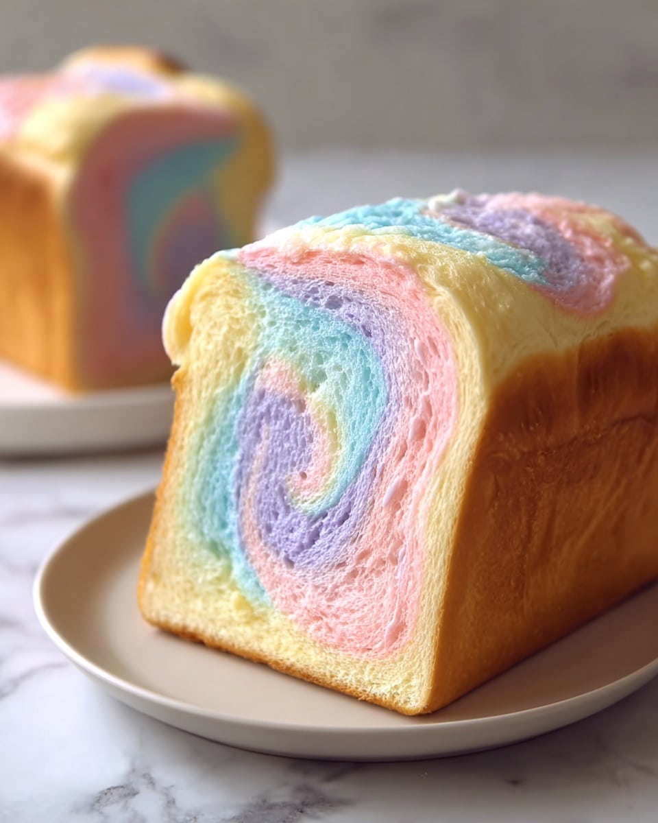 A slice of soft bread loaf shows a swirl pattern with four visible layers of pastel colors: light pink, baby blue, pale yellow, and soft purple. The outer crust is golden brown and smooth, wrapping the colorful inner layers. The top has a slightly bumpy texture with the same pastel colors blending gently. The bread sits on a simple white plate with a smooth surface, all placed on a white marbled texture. In the background, another loaf slice is slightly out of focus, showing similar pastel colors. photo taken with an iphone --ar 4:5 --v 7