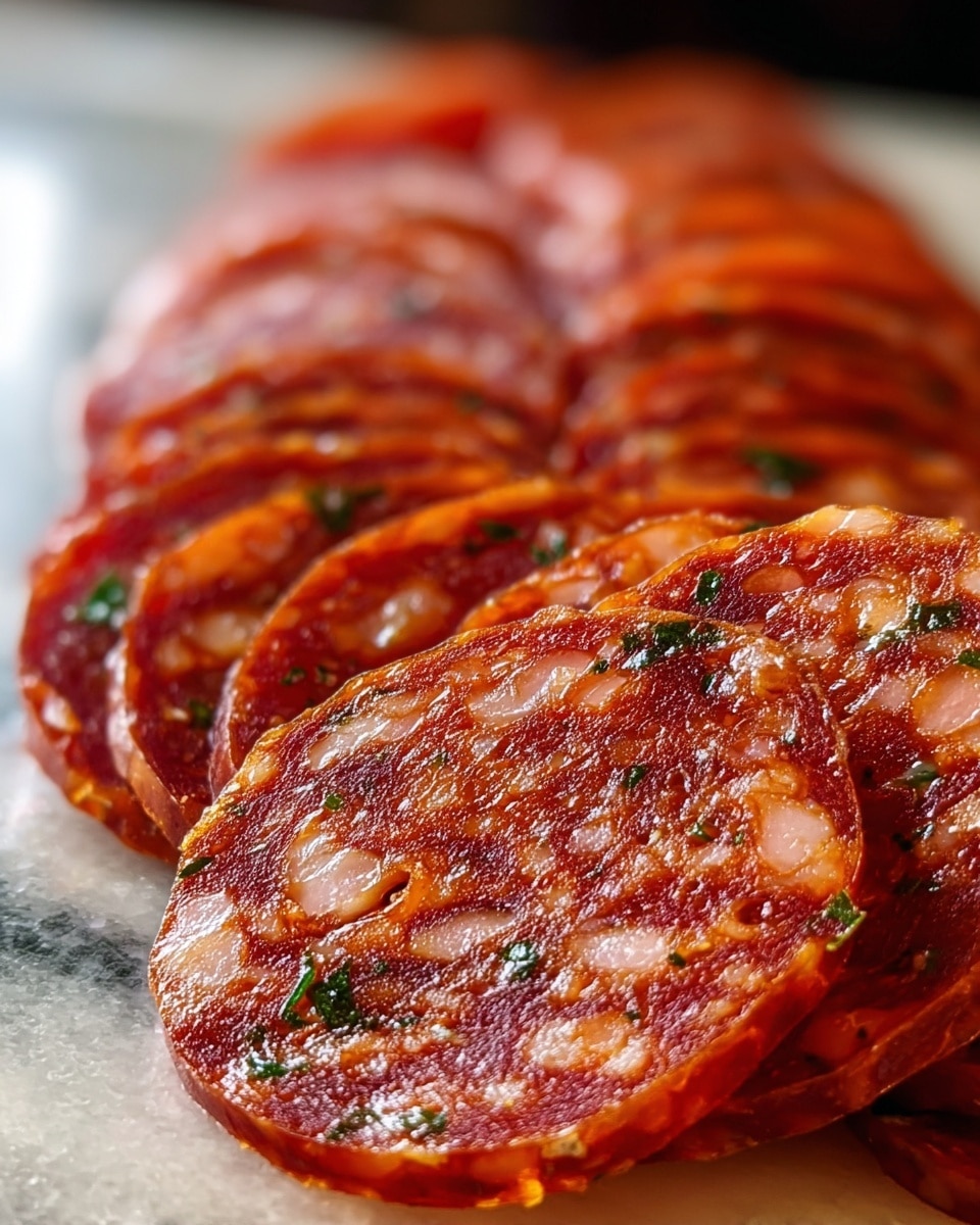 A close-up view of thinly sliced rounds of spicy pepperoni arranged in a slightly overlapping line, showing vibrant reddish-brown colors with visible white fat pieces and green herb flecks embedded in the meat. The texture looks smooth but slightly grainy, with a glossy finish reflecting light. The slices form a repeating pattern disappearing into the blurred background on a white marbled surface. photo taken with an iphone --ar 4:5 --v 7