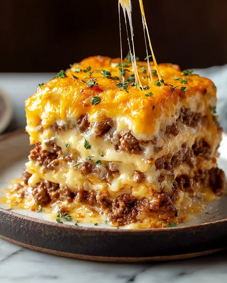 A tall square piece of layered casserole sits on a white plate with a dark edge, placed on a white marbled surface. The dish shows clear layers: the bottom, middle, and top layers are filled with cooked ground beef, while thick, melted cheese layers separate each one, looking gooey and creamy with stringy cheese stretching from the top. The top layer is covered in bright orange melted cheese, sprinkled with small green herb pieces. The textures are rough where the meat is and smooth and creamy for the cheese. photo taken with an iphone --ar 4:5 --v 7