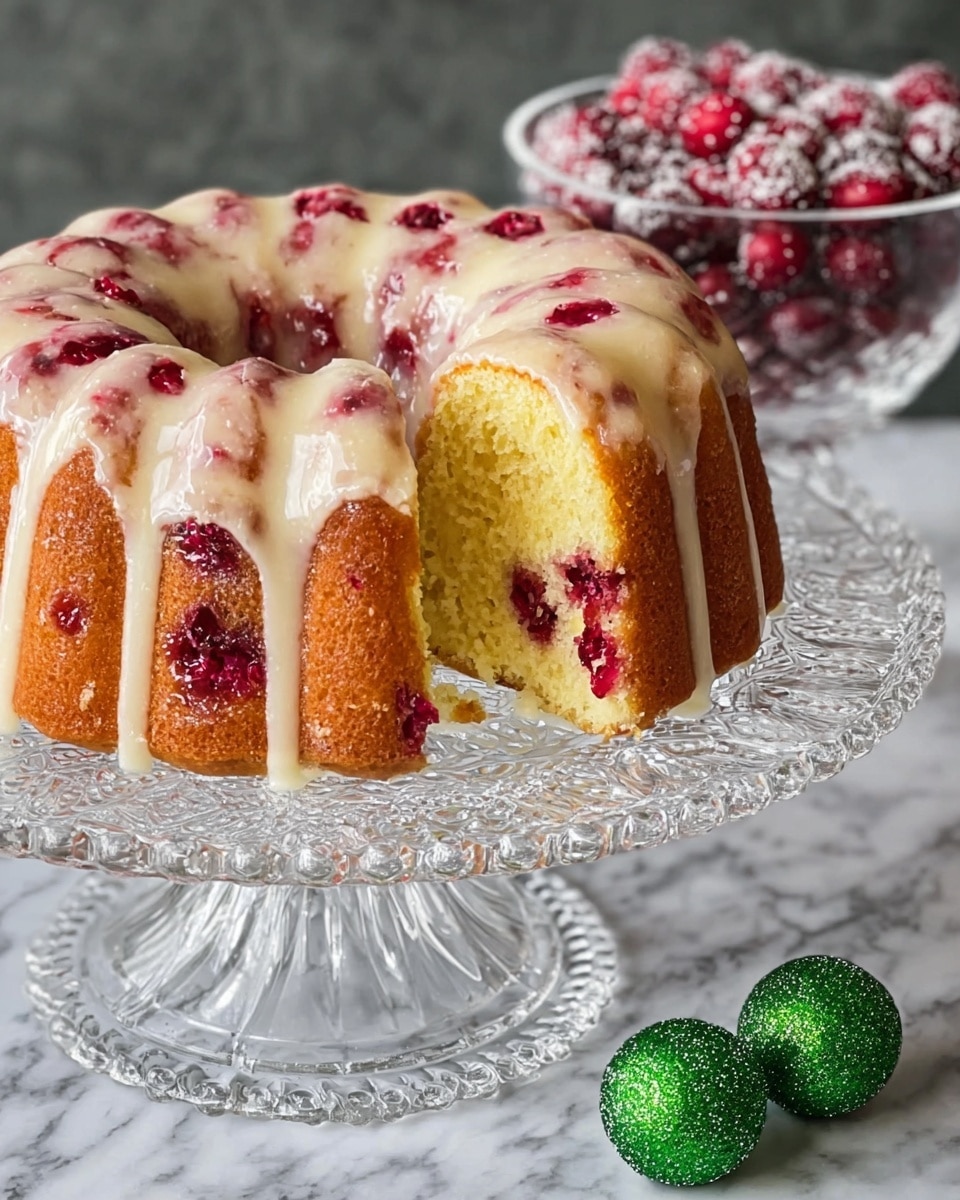A bundt cake with a light golden brown texture sits on a clear glass cake stand featuring decorative edges. The cake has multiple vertical ridges around the sides and is topped with creamy white glaze that gently drips down each ridge, with red berry pieces showing through both the glaze and the cake sides. Inside the ring of the cake, the crumb is moist and yellow with scattered red berries. Next to the cake stand on a white marbled surface, there are three small green glittery spheres. Behind the cake, a clear glass pedestal bowl holds red berries dusted with powdered sugar. photo taken with an iphone --ar 4:5 --v 7