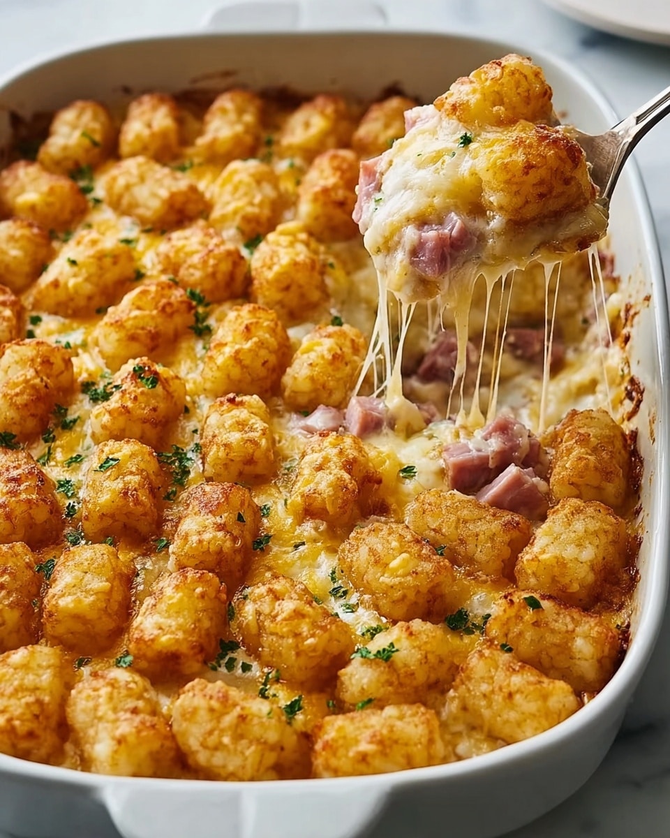 A white baking dish filled with a golden brown tater tot casserole where the top layer is crispy, evenly browned tater tots arranged in neat rows. Underneath the tots, there are soft, melted cheeses that pull in stretchy strings as a silver spoon lifts a portion, revealing pink bits of ham mixed in and a creamy sauce underneath. The surface has small green herb sprinkles for color contrast, all set against a white marbled background. Photo taken with an iphone --ar 4:5 --v 7