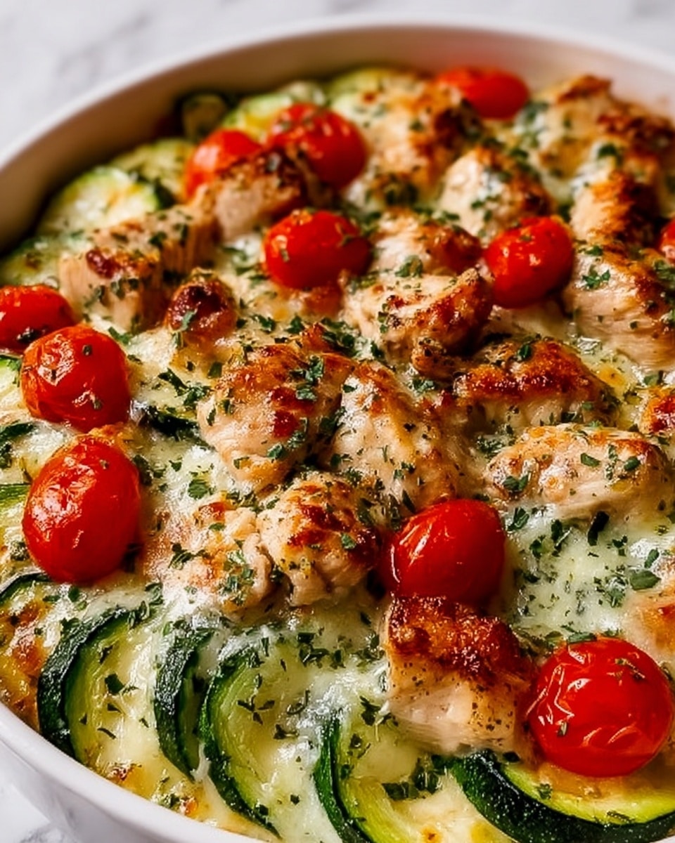 This dish shows a close-up of baked chicken and vegetables in a white round dish. The bottom layer has sliced green zucchini with a soft, slightly melted cheese coating, speckled with green herbs. On top are golden brown, grilled chunks of chicken with a light crispy texture. Scattered among the chicken and zucchini are bright red halved cherry tomatoes, some slightly roasted with a juicy inside. The whole dish is sprinkled with finely chopped green herbs, adding a fresh touch. The image is set on a white marbled surface. photo taken with an iphone --ar 4:5 --v 7