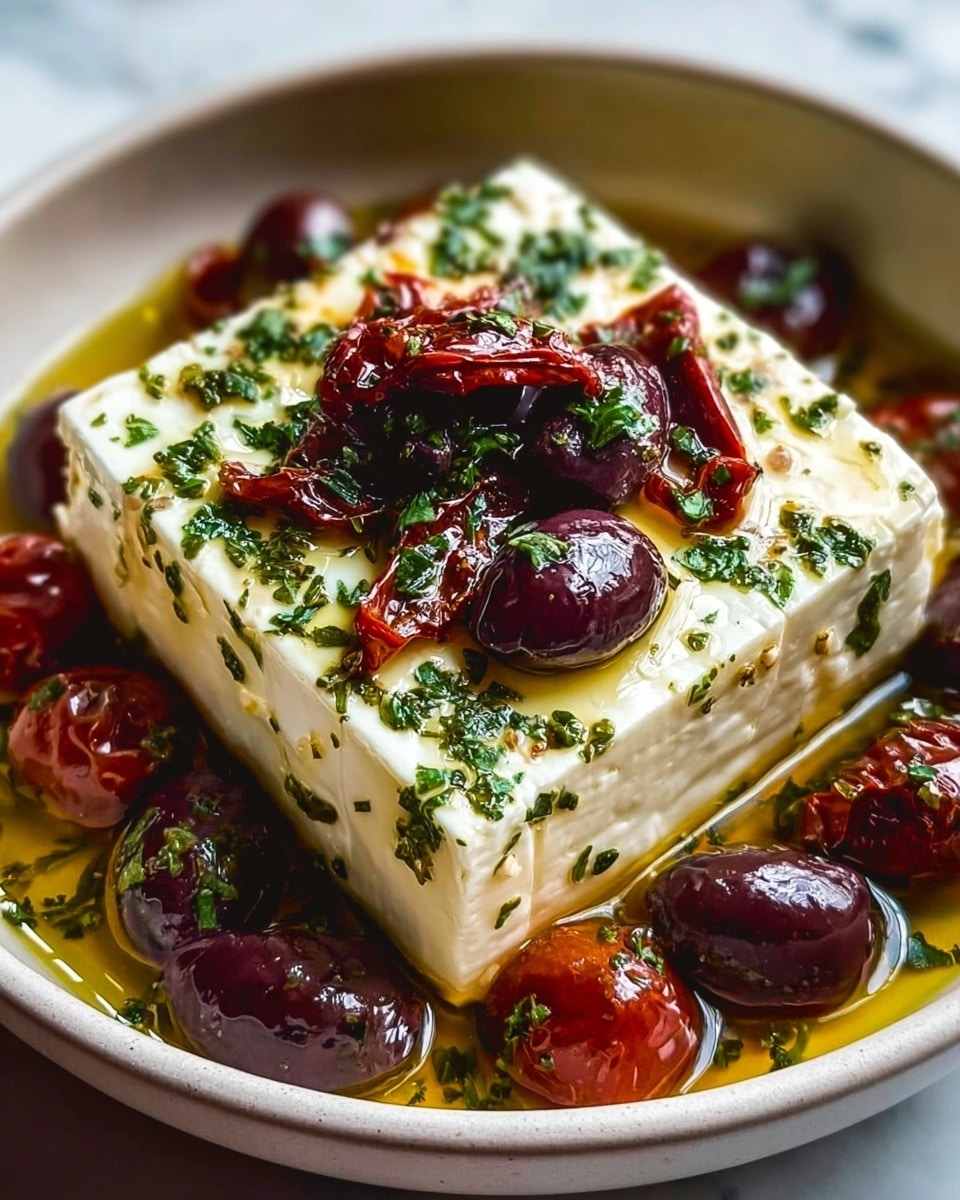 A thick white square block of soft cheese sits in the center of a white bowl, covered with a sprinkle of chopped green herbs and a drizzle of golden olive oil. On top of the cheese, there are shiny dark purple and green olives, along with strips of dark red sun-dried tomatoes, all mixed with more herbs. Surrounding the cheese in the bowl are plump dark purple olives and sun-dried tomatoes soaked in oil, giving a glossy look to the whole dish. The bowl rests on a white marbled surface. photo taken with an iphone --ar 4:5 --v 7