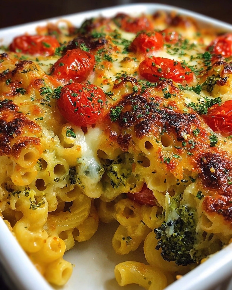A close-up of a baked pasta slice in a white baking dish, showing three main layers: the bottom layer is rigatoni pasta in a pale yellow color, the middle layer consists of green spinach mixed with creamy white cheese, and the top layer is golden-brown melted cheese with some browned spots, garnished with chopped green herbs and small pieces of bright red tomato. The textures are gooey and slightly crispy on top, with visible melted cheese strands stretching from the pasta. The dish sits on a white marbled surface. Photo taken with an iphone --ar 4:5 --v 7